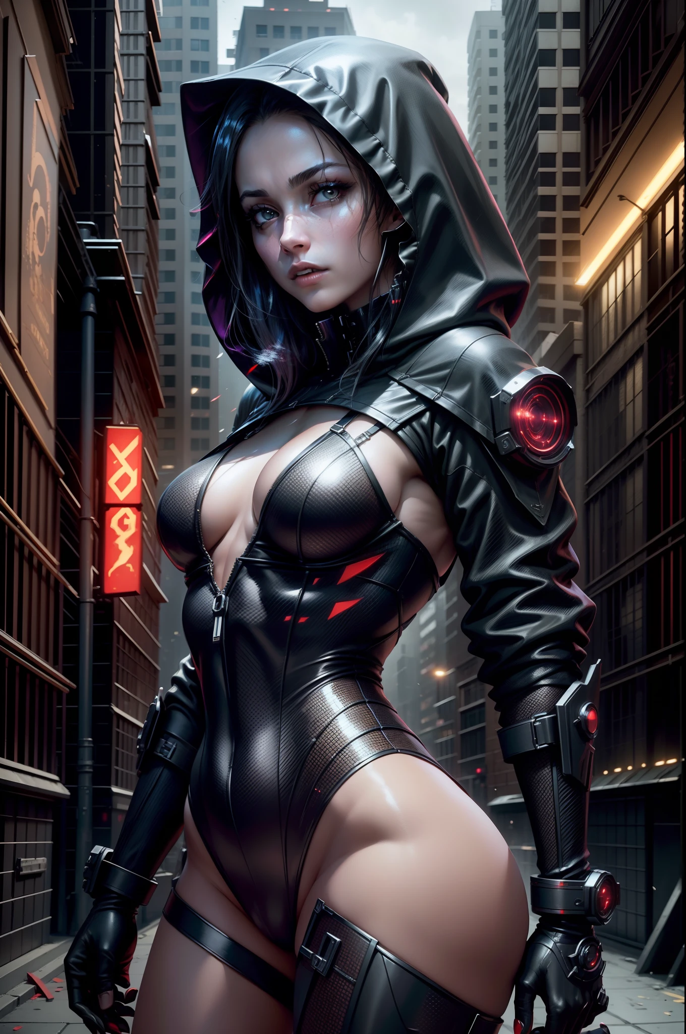 Cyberpunk girl thief in black and red costume, hoods, Futuristic mask, Dynamic Pose, View center camera, Perfect composition, beautiful detailed intricate insanely detailed octane render trending on artstation, 8k artistic photography, photorrealistic concept art, soft natural volumetric cinematic perfect light, Chiaroscuro, award - winning photo, masutepiece, oil on canevas, Raphael, Caravaggio, Greg Rutkowski, beeple, beksinsky, giger, Trending on ArtStation, Sharp Focus, studio photo, Intricate details, Highly detailed, night city background, By Greg Rutkowski