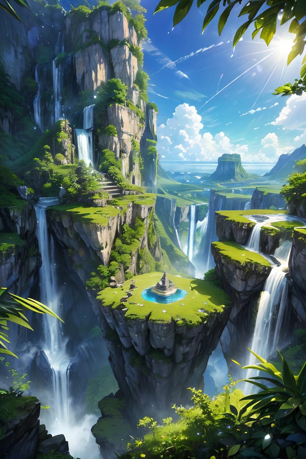 (best quality,4k,8k,highres,masterpiece:1.2),ultra-detailed,(realistic,photorealistic,photo-realistic:1.37),Floating island in the sky with cascading waterfalls into the void and gardens atop the clouds,illustration,crystal-clear waterfalls,greenery surrounding,beautifully lush gardens,shimmering sunlight,ethereal atmosphere,vibrant colors,soft and dreamy lighting,lush and tropical plants,impeccable attention to detail,serene and peaceful mood,sky-high perspective,awe-inspiring view