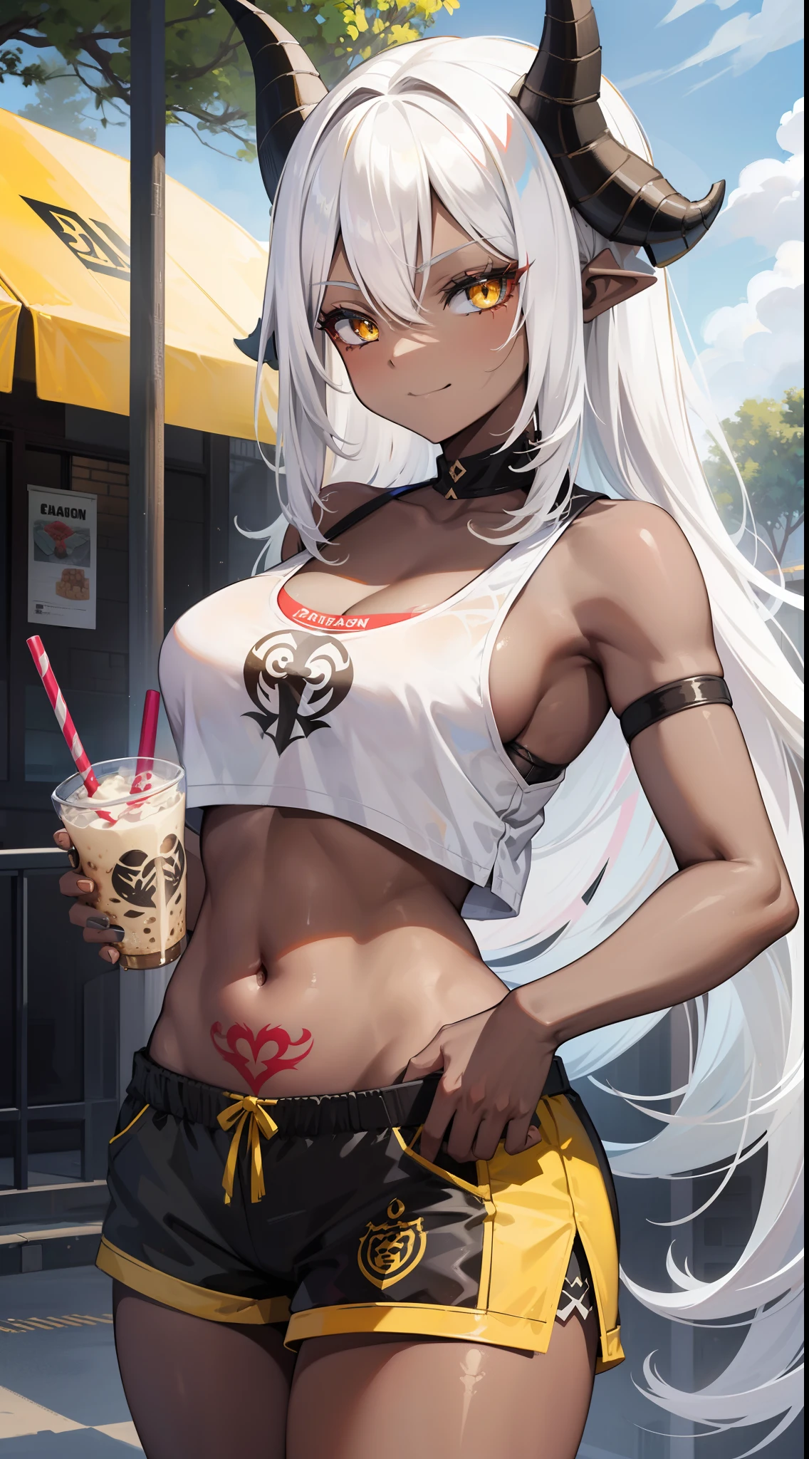 young girl, Long white hair, dragon horns, Yellow eyes, black skin, Black Girl, white tanktop, open belly, Shorts, tattoo, smirk, milkshake, park background, Masterpiece, hiquality, 4k, HD, Good detail