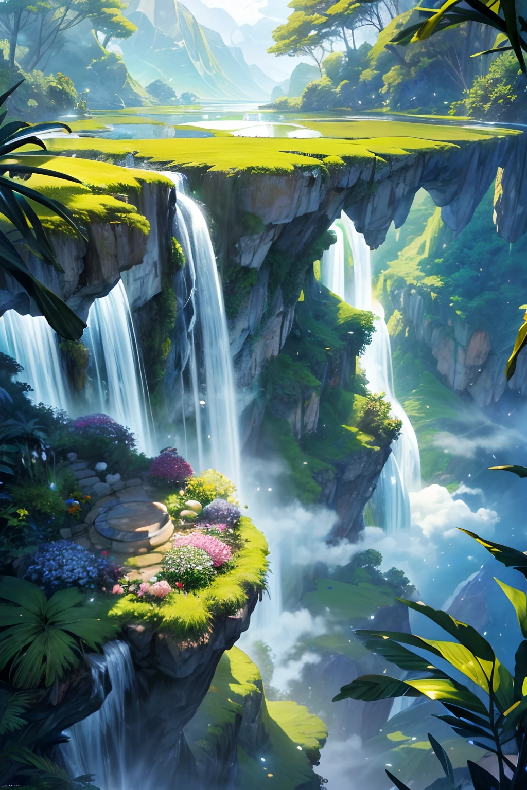 (La mejor calidad,4k,8k,Altas Resoluciones,Obra maestra:1.2),Ultra detallado,(realista,fotorrealista,fotorrealista:1.37),Island floating in the sky with waterfalls in the void and gardens above the clouds,illustration,Cascadas cristalinas,Surrounding vegetation,Hermosos y exuberantes jardines,Luz solar brillante,ethereal atmosphere,colores vibrantes,Soft, dreamy lighting,Plantas exuberantes y tropicales,Impeccable attention to detail,Serene and peaceful mood,Soaring Perspective,Vista impresionante