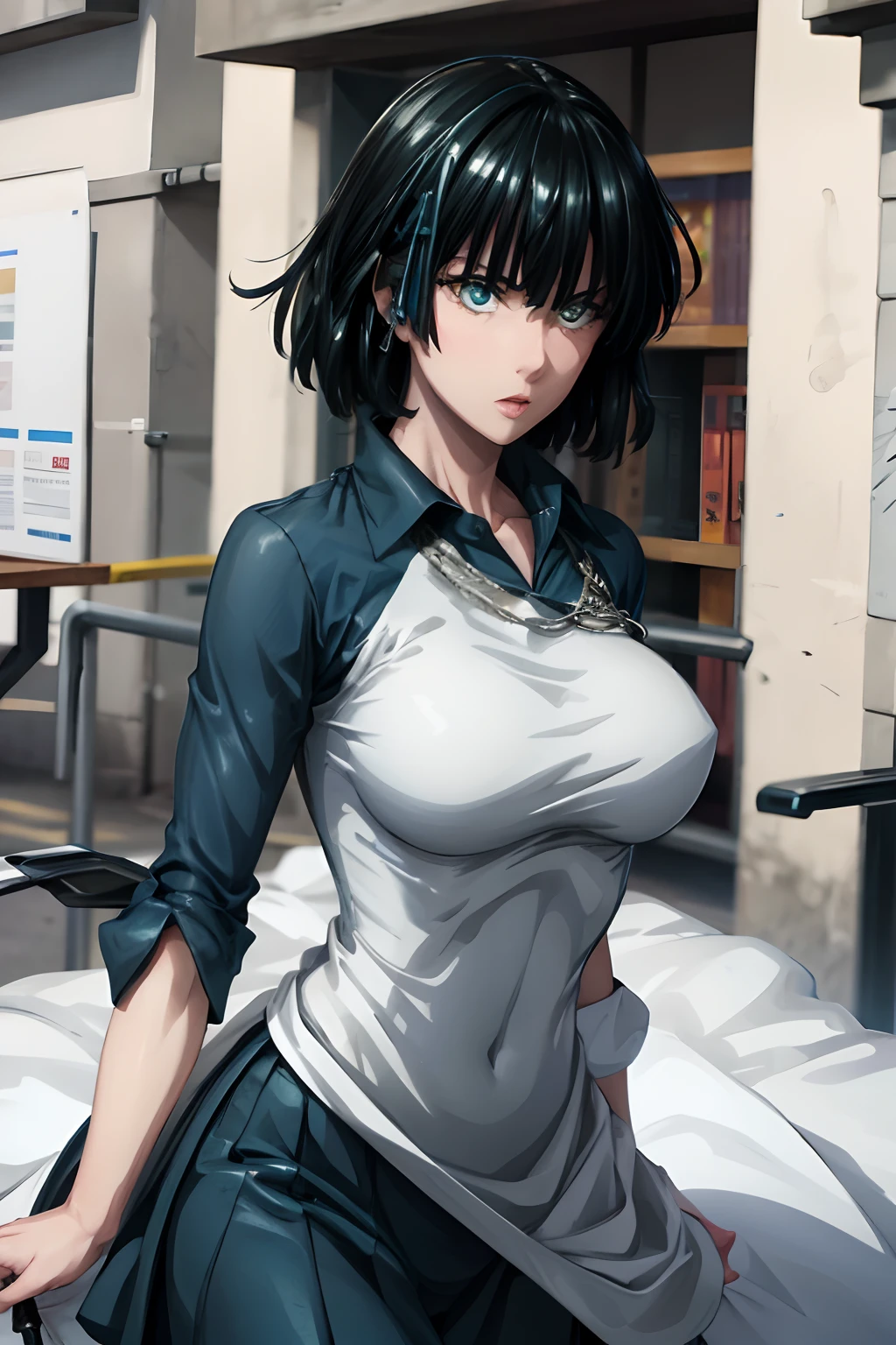 Fubuki, un primer plano de una mujer con un vestido plateado y azul, chica armadura