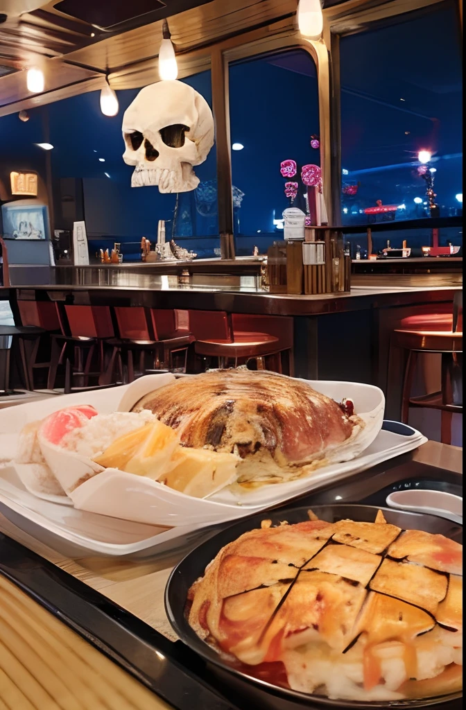 A large number of pirates have a banquet、BAR at night、Neon tube、BBQ、Okonomiyaki、All skull masks