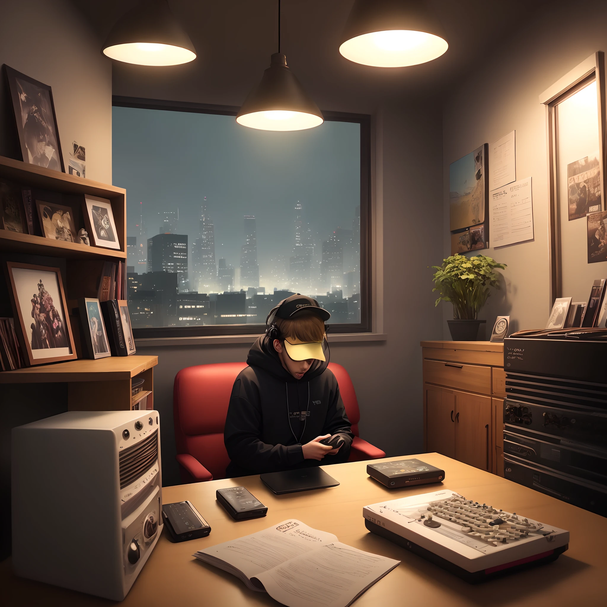 Descreva a imagem de um quarto de programador underground, With a night landscape seen through the window. The scene shows several buildings illuminated by street lamps, evoking a pulsating and vibrant futuristic atmosphere. The corner of the room is occupied by a home studio equipped with a nuphy air 75 v2 keyboard, controles, fones de ouvido e microfone. The mixing board and computer exhibit signs of wear and possible stickers from famous hackers. The subtle haze of smoke fills the atmosphere. Perto da janela, An unmade bed suggests a nocturnal and creative lifestyle. The bookcase on the wall is filled with vinyl records, CDs e livros relacionados ao hip-hop, enquanto os cartazes de artistas underground e panfletos de concertos locais adornam as paredes. Ao lado da cama, uma mesinha de cabeceira exibe itens pessoais, as a cap, sunglasses, um livro de rimas e um bloco de notas. The open window reveals the darkness of the night, with the soft light of the street lamps illuminating the room. The digital clock on the bedside table clearly displays the time as 3:00 a.m., highlighting the passage of time and the insomnia characteristic of artistic minds. The image captures the energy and underground aesthetic of the rap music scene, trap e hip-hop, with dark tones and elements related to urban culture conveying authenticity and creative inspiration. A cena incorpora elementos positivos e negativos, portraying the ambience of solitude and creativity, reflecting the artist's struggle and dedication to his craft.
