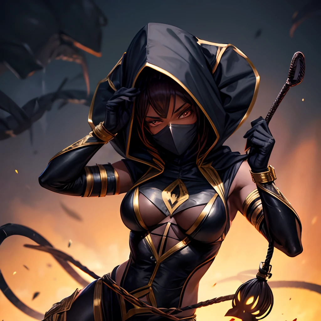 Black woman wearing a scorpion costume with mask hiding only her eyes using a whip