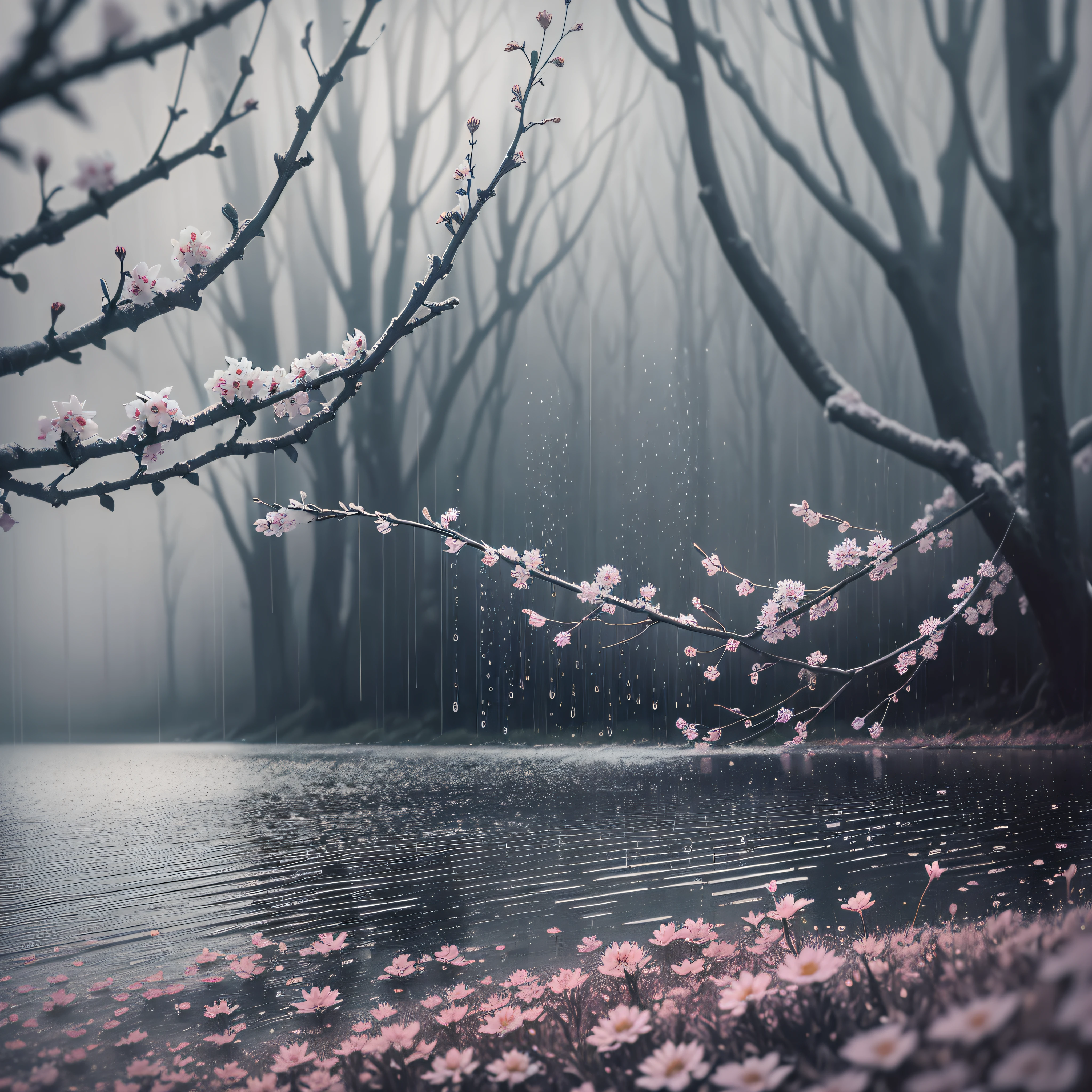 rainy day, white cherry flowers, forest, river, dawn, (chilly early morning:1.1), (morning dew:1.15), realistic photography, (low-key photograph:1.2), detailed, 8k, water droplets, (to8contrast style), (mist:0.7), vivid colors, Sony a6600 Mirrorless Camera, embellish2 --auto --s2