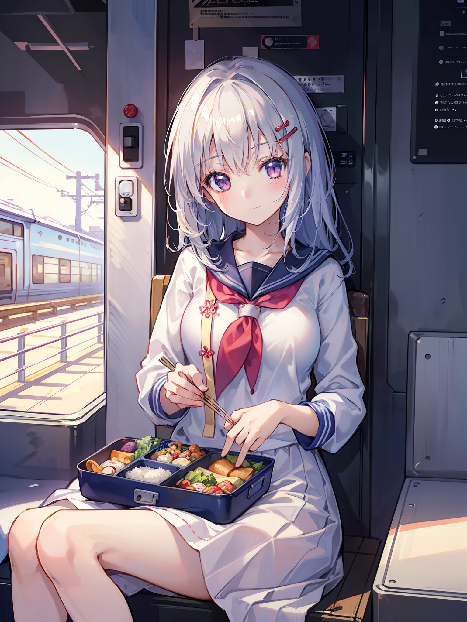 1 girl , sitting on private seat on the bullet train , (holding lunchbox and chopstick ) , smile, character focus, close to viewer, cowboy shot ,high resolution,(incredibly absurdres), (hires.fix:1.3),anime visual,extremely detailed CG unity 8k wallpaper, ((masterpiece)), ((top-quality)), (beautiful illustration,background Tento), ((an extremely delicate and beautiful))