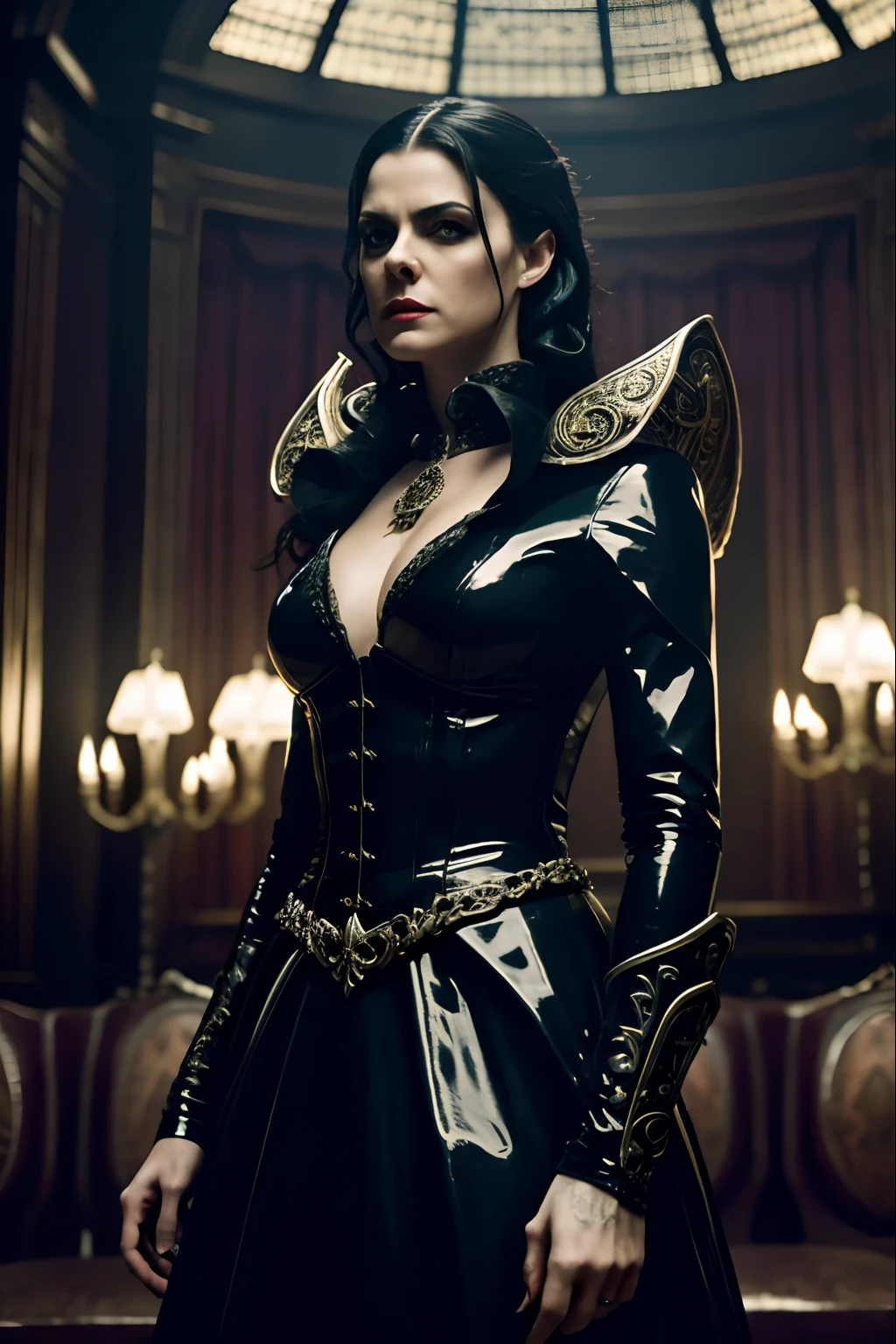 In the realm of horrorcore at night, a masterpiece unfolds. Cinematic shot of An ultra-detailed {tall, sexy elegant Vampire} seductively sips from a blood bag, adorned in {an ornate latex outfit}. Her fanged smirk, different eye color, and hyperrealistic features captivate. The intricate scenery adds depth to this nightmarish epic, decisive, dynamic action, dynamic movement, imposing pose, epic, dramatic, [Dutch angle shot], [cinematic lighting], photorealistic, sharp and clean focus, film grain, hyper - detailed, directed by  Guillermo del Toro