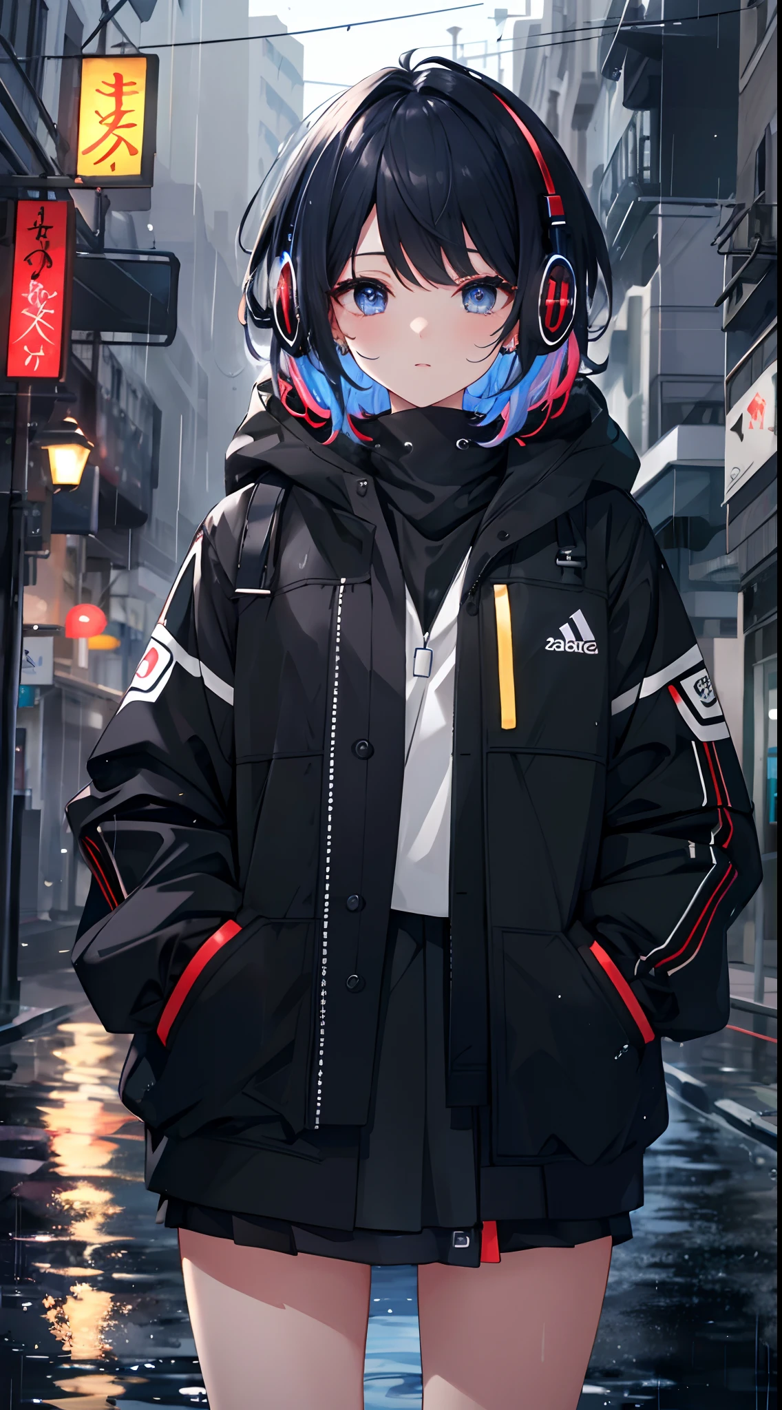 8K resolution、((superior quality))、((masterpiece))、((ultra-detailed))、1 woman、solo、Incredible nonsense、Big hoods、headphones、Street、Outdoor、Rain、 Neons、shortcut hair、Colored eyes、hands in pockets、a miniskirt、water dripping