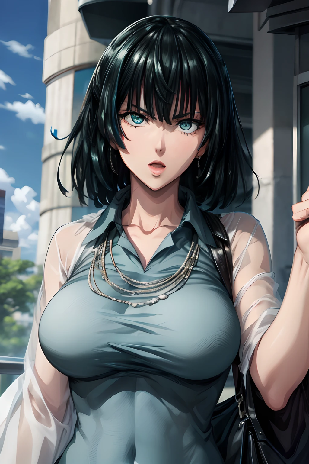 Fubuki, un primer plano de una mujer con un vestido plateado y azul, chica armadura