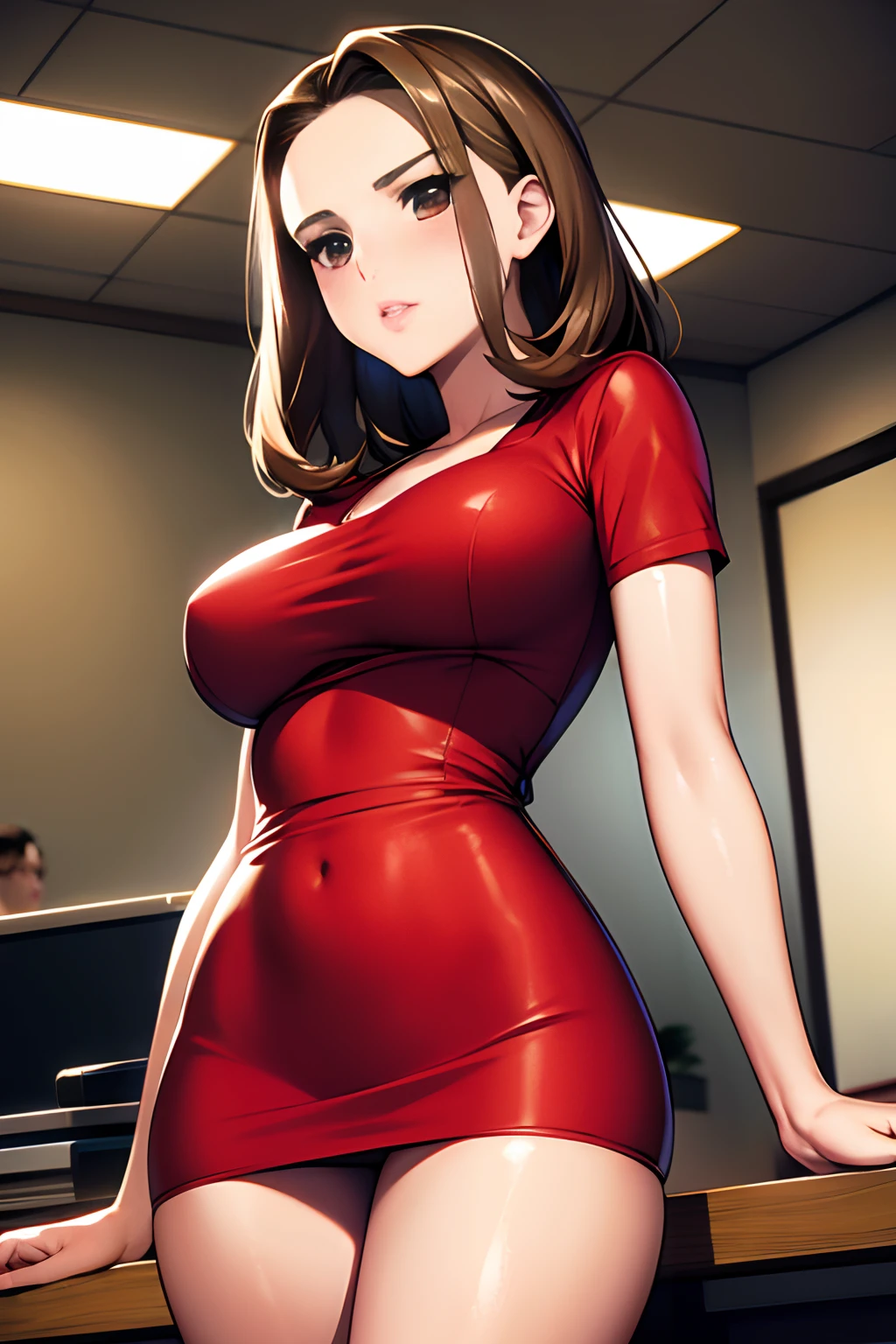 Natalie Portman, short skirt, red dress, tight dress, Secretary dress, Secretary, in office, typewriter on desk, big breasts,