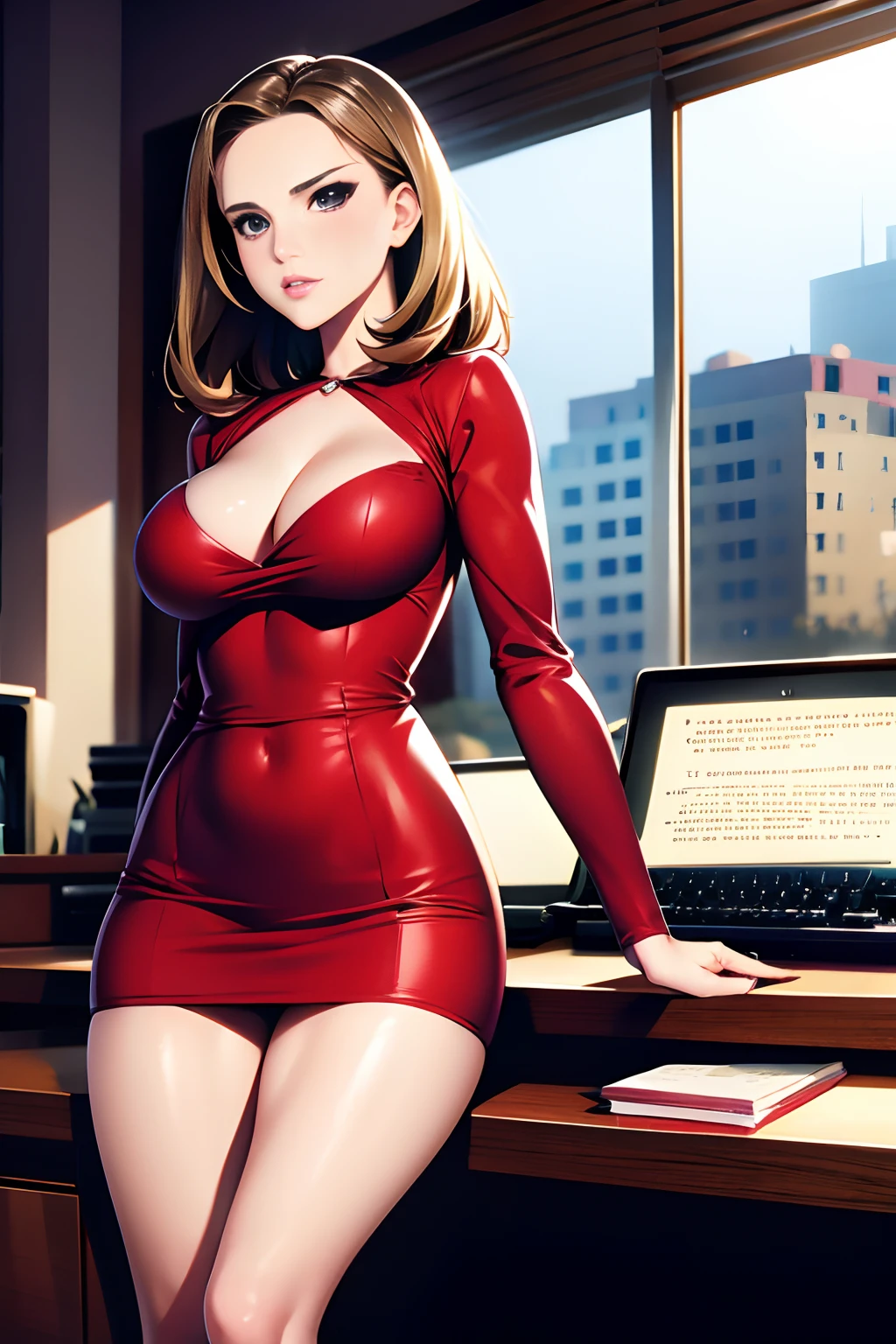 Natalie Portman, short skirt, red dress, tight dress, Secretary dress, Secretary, in office, typewriter on desk, big breasts,