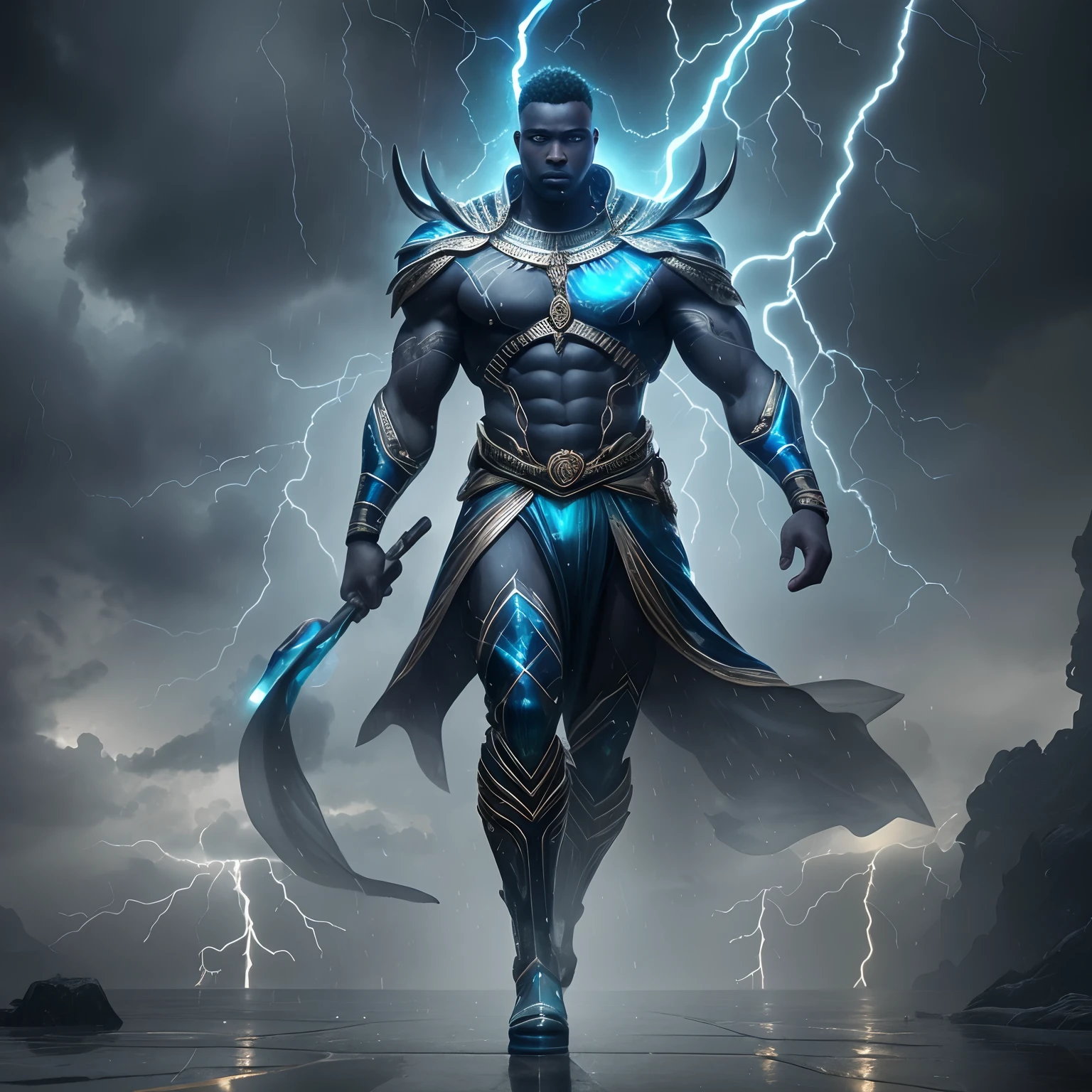 full body shot of African god of rain, floating in the dark clouds with lightning all over his body, rain drops suspended in air surrounding him, moody light shining, with iridescent light, cinematic lighting, artgerm style, 32k, ultra HD, unreal engine rendered, hyper-realistic image, --auto --s2
