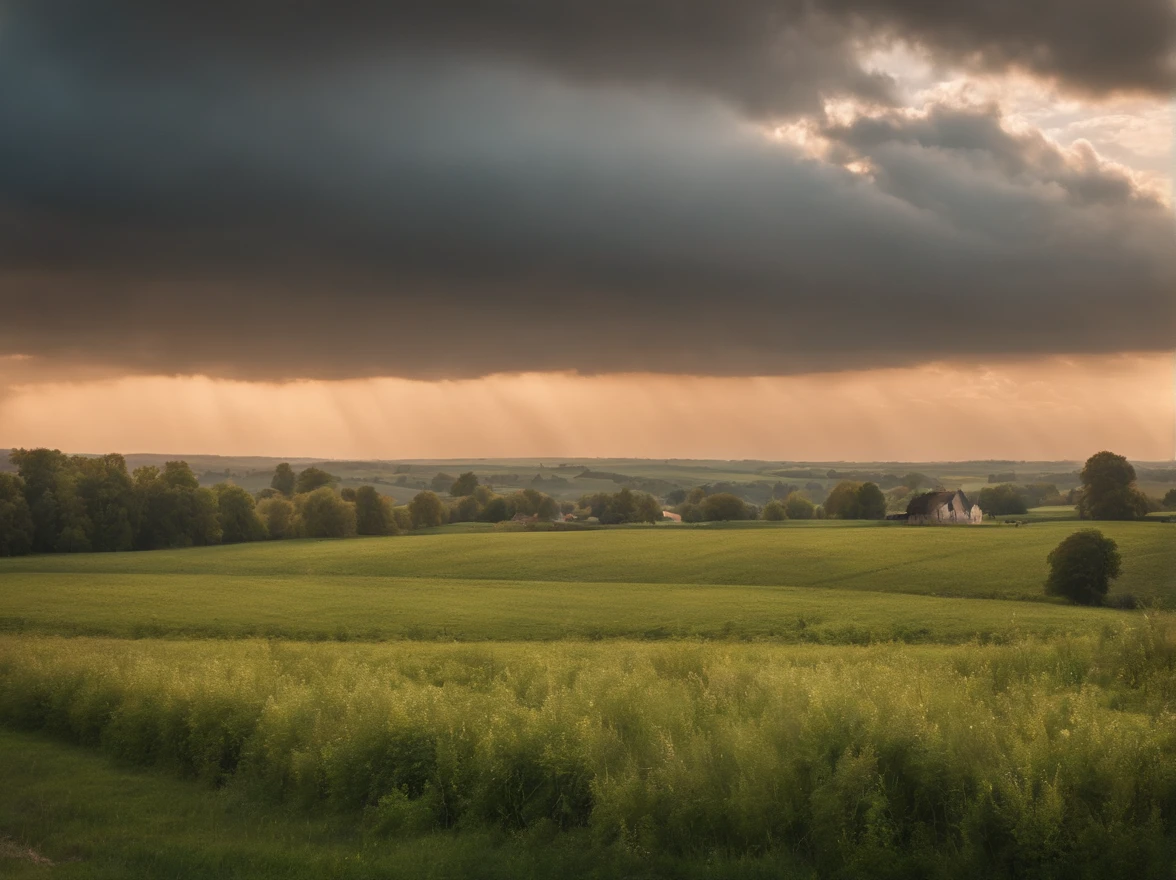 a beautiful view of an evening with dramatic lighting from a cloudy sky in the countryside