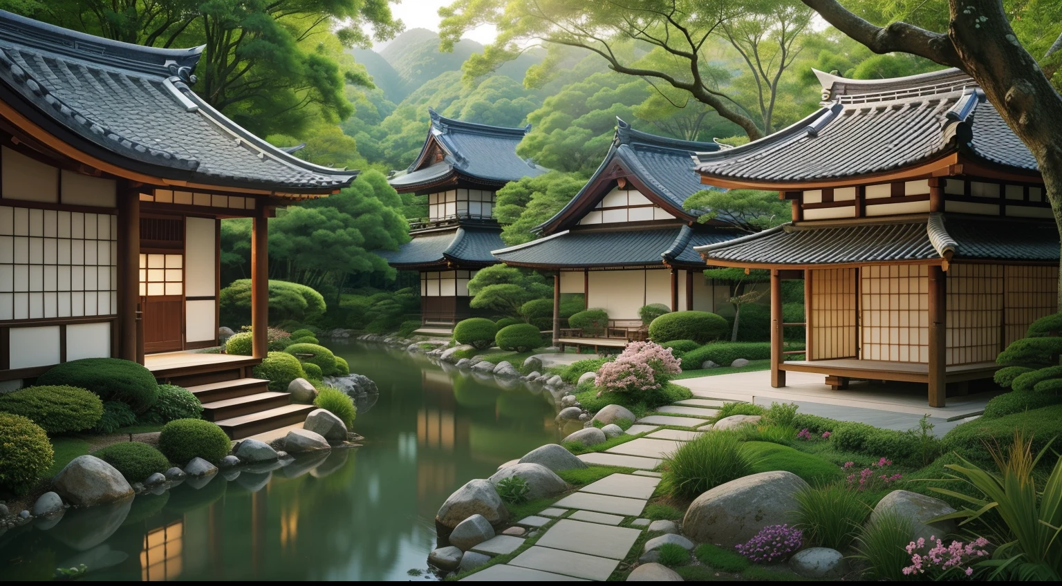 Create a picturesque desktop wallpaper that transports you to a Japanese Zen village harmoniously situated along the tranquil banks of a meandering river. The village is composed of traditional wooden houses with gently sloping roofs, adorned with paper lanterns that softly illuminate the surroundings. Each structure reflects the simplicity and elegance of Japanese architecture, evoking a serene and contemplative atmosphere. The river takes center stage in the wallpaper, gracefully winding its way through the village. Its calm and clear waters reflect the surrounding landscape, emphasizing the connection between nature and the village's peaceful existence. Stepping stones carefully placed along the river's path offer a tranquil pathway to cross from one side to the other. Lush greenery surrounds the village, featuring meticulously maintained gardens with neatly trimmed shrubs and vibrant flora. Bamboo groves sway gently in the breeze, contributing to the Zen ambiance and creating a sense of tranquility and harmony. The color palette for this desktop wallpaper should be soothing and natural, featuring soft earth tones, muted greens, and subtle hints of warm sunlight filtering through the foliage. This combination enhances the serene and peaceful aesthetic, inviting a sense of relaxation and mindfulness. To maintain a clutter-free and minimalist composition, embrace the concept of "ma" by allowing negative space within the wallpaper. This creates a balanced and calming visual experience, providing a moment of respite during your desktop activities. With this Zen-inspired desktop wallpaper, you can bring the tranquility and serenity of a Japanese Zen village into your digital space, fostering a sense of calm and mindfulness throughout your day.