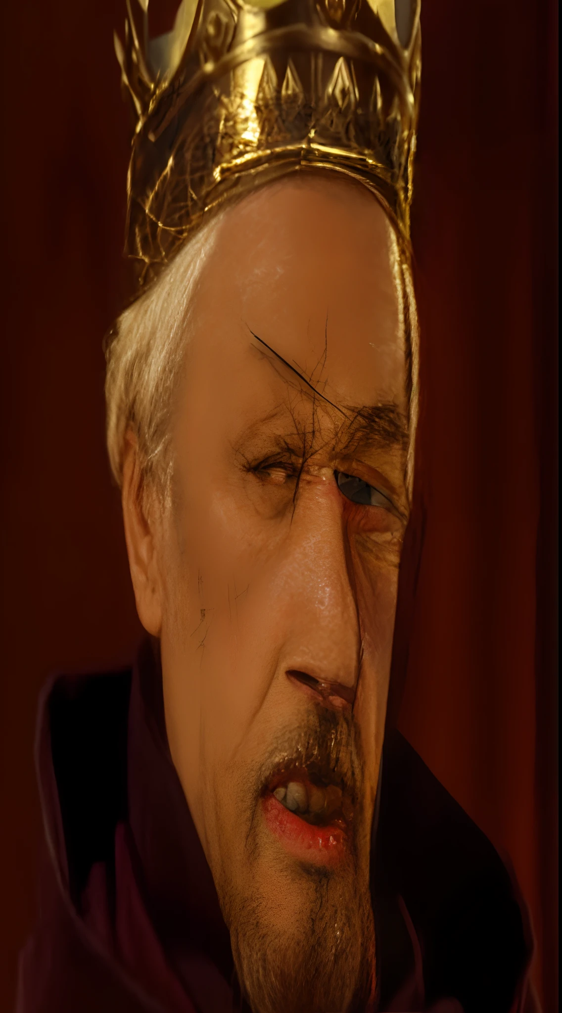 a close up of a man wearing a crown on top of a head, medieval old king, christopher lloyd as belial, the tudors, richard iv the roman king, wearing kings crown, french emperor, king richard the lionheart, robert de niro as medieval joker, king arthur, man with a crown, wearing crown, wearing a crown, dressed as emperor