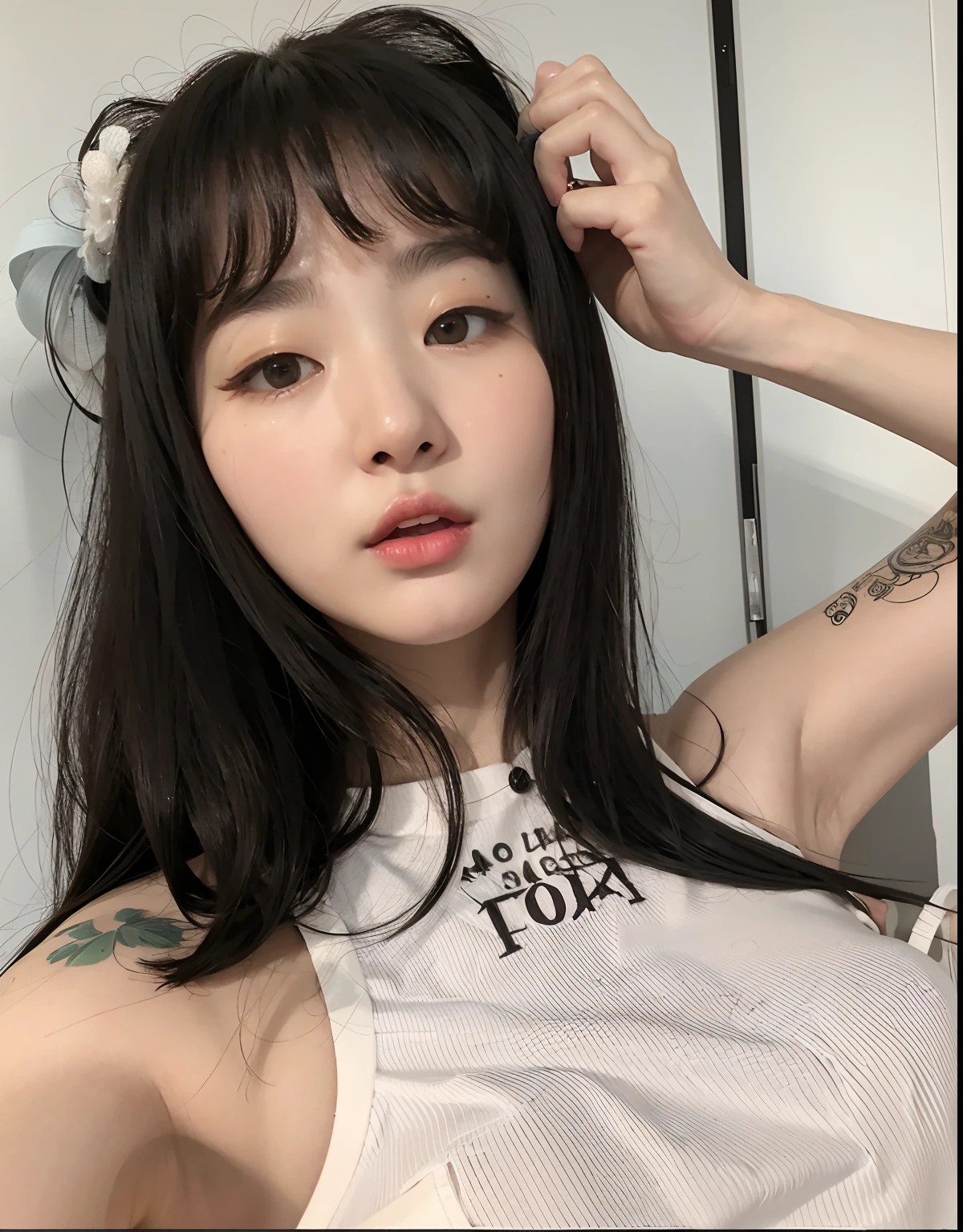 there is a woman with a tattoo on her arm and a white shirt, Ulzzang, ****** bonito-fino-cara, ****** coreana, 🤤 retrato da ******, linda mulher coreana jovem, young adorable korean face, wan adorable korean face, Heonhwa Choe, Mulher sul-coreana bonita, Sakimichan, pale round face, Jaeyeon Nam