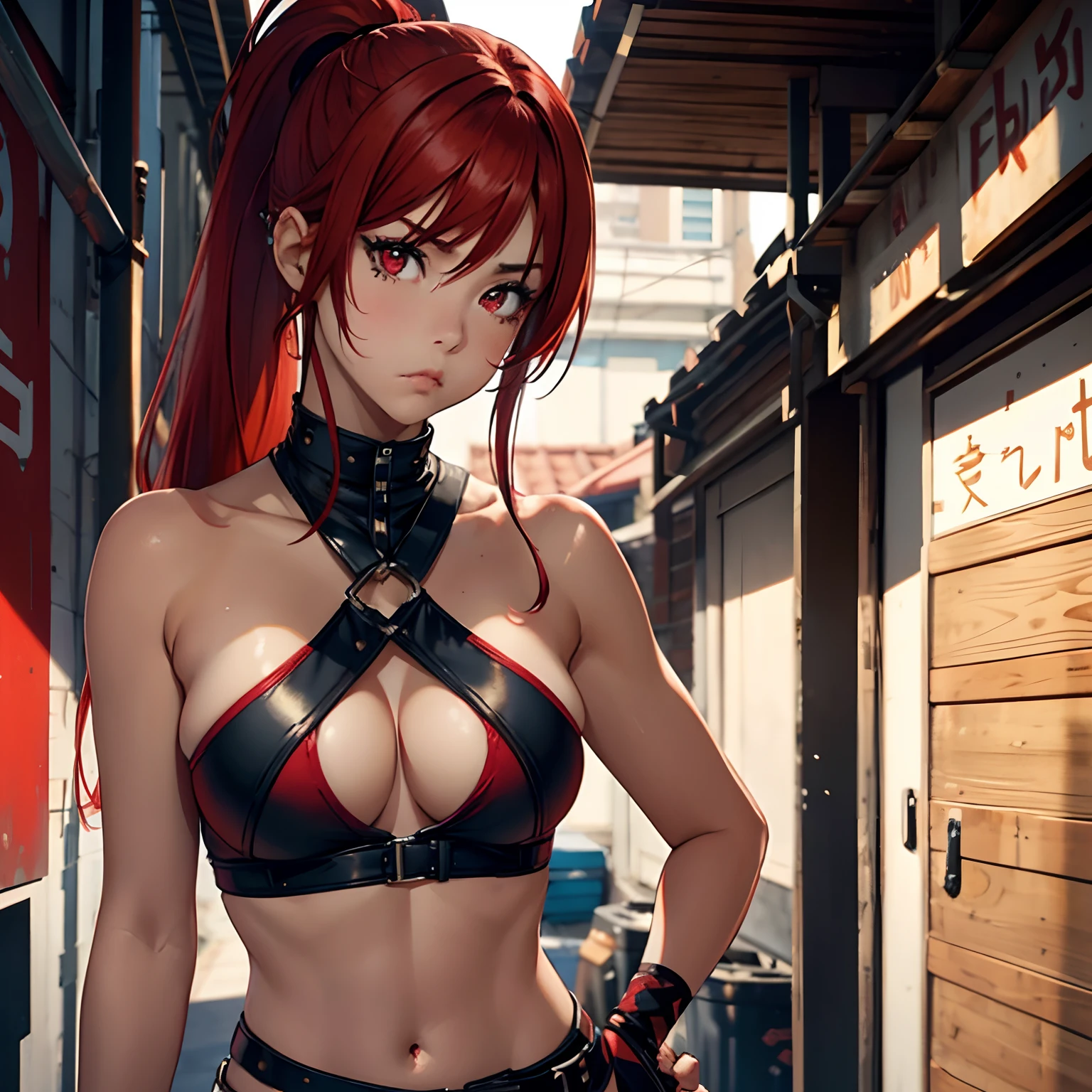 1girl, Red hair, tan skin, red eyes, eyeliner, punk’ medium breasts, pouting, ponytail