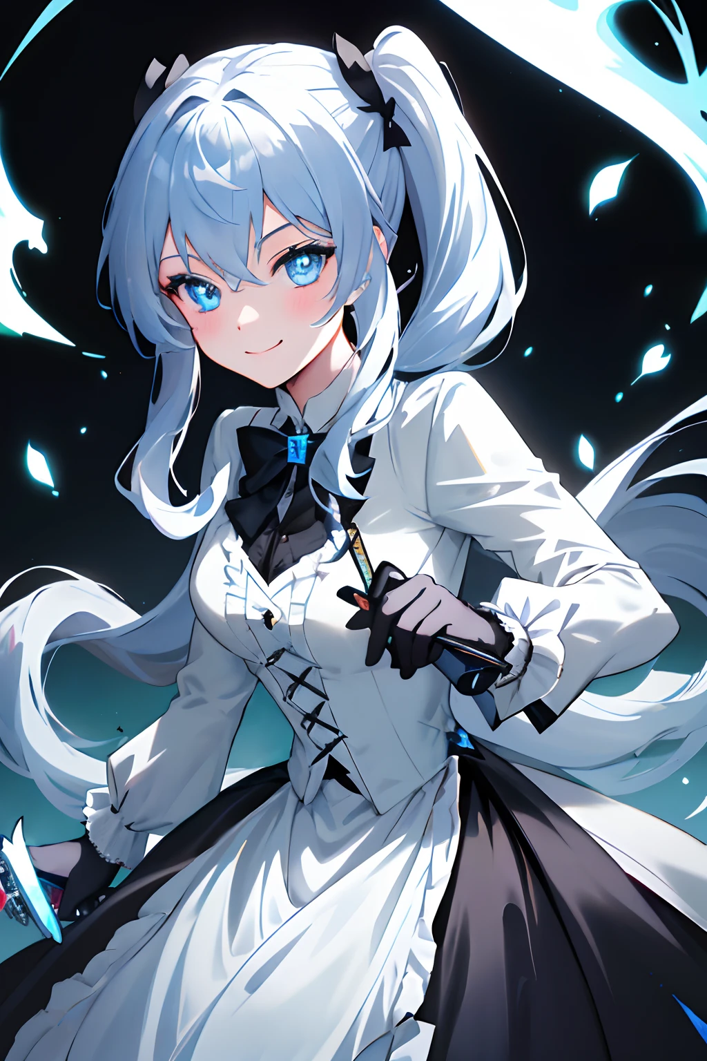 {{{finely detailed wallpaper best quality illustration}}} {{{Cool beautiful cute girl}}} {{{Face Focus}}} {Wearing a formal suit} {Face of the game} Glittering blue eyes {{{Dynamic poses with swords}}} Smile Flame {{{ Silver Hair Twin Tail Hair }}} {{particle lighting}} {Detailed Black Victorian Dress Gloves } Motion blur staring at the viewer, {{{{{Hand holding shining mechanical sword, Holding a shining mechanical sword in his hand}}}}}、a closeup:1.4