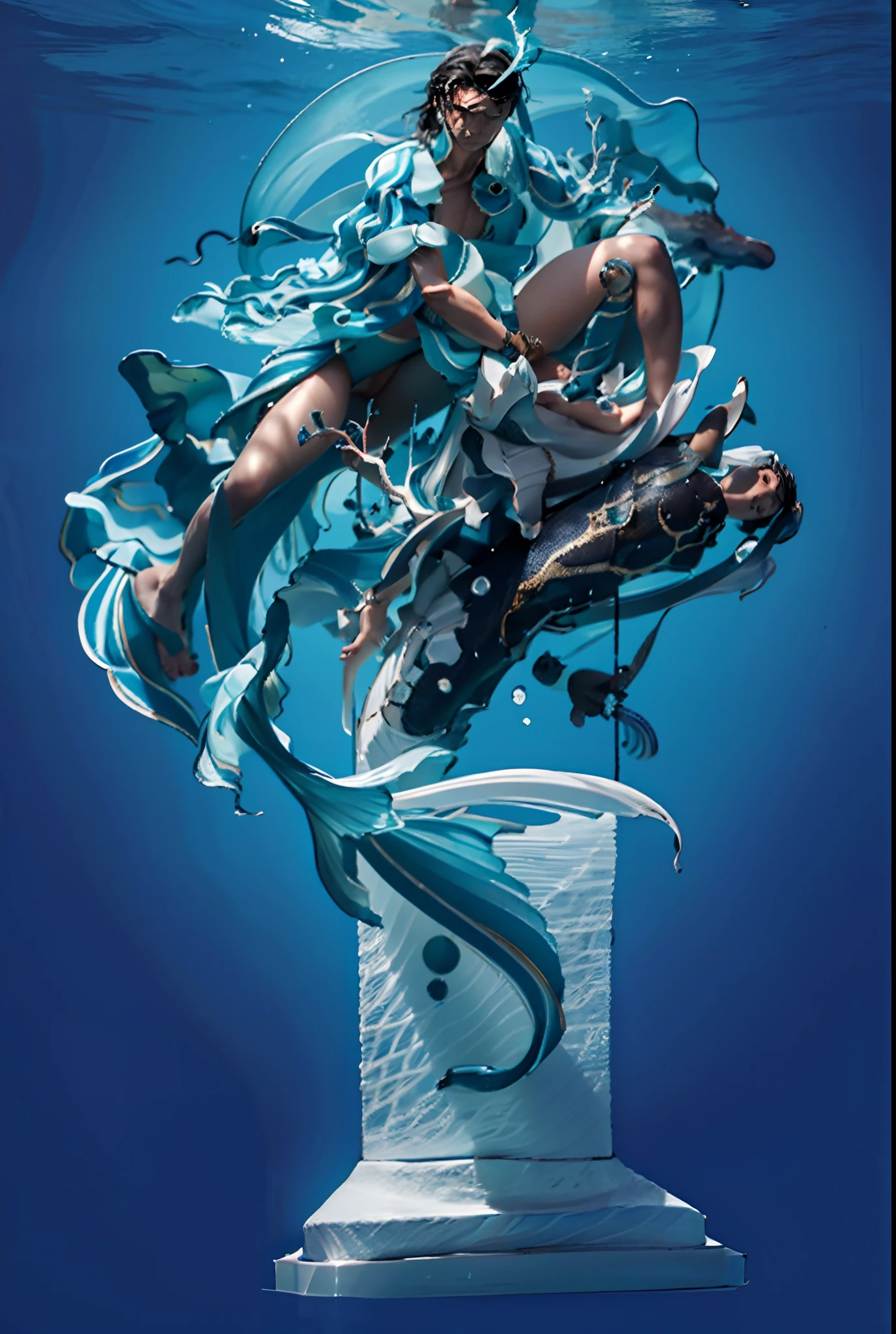 Sculpture design,Figures,GK model,male people,(The whole body of the character),Expose muscles,(sexy for),The mackerel swims out of the water with another person,There are a lot of transparent jellyfish around,elicate and refined,