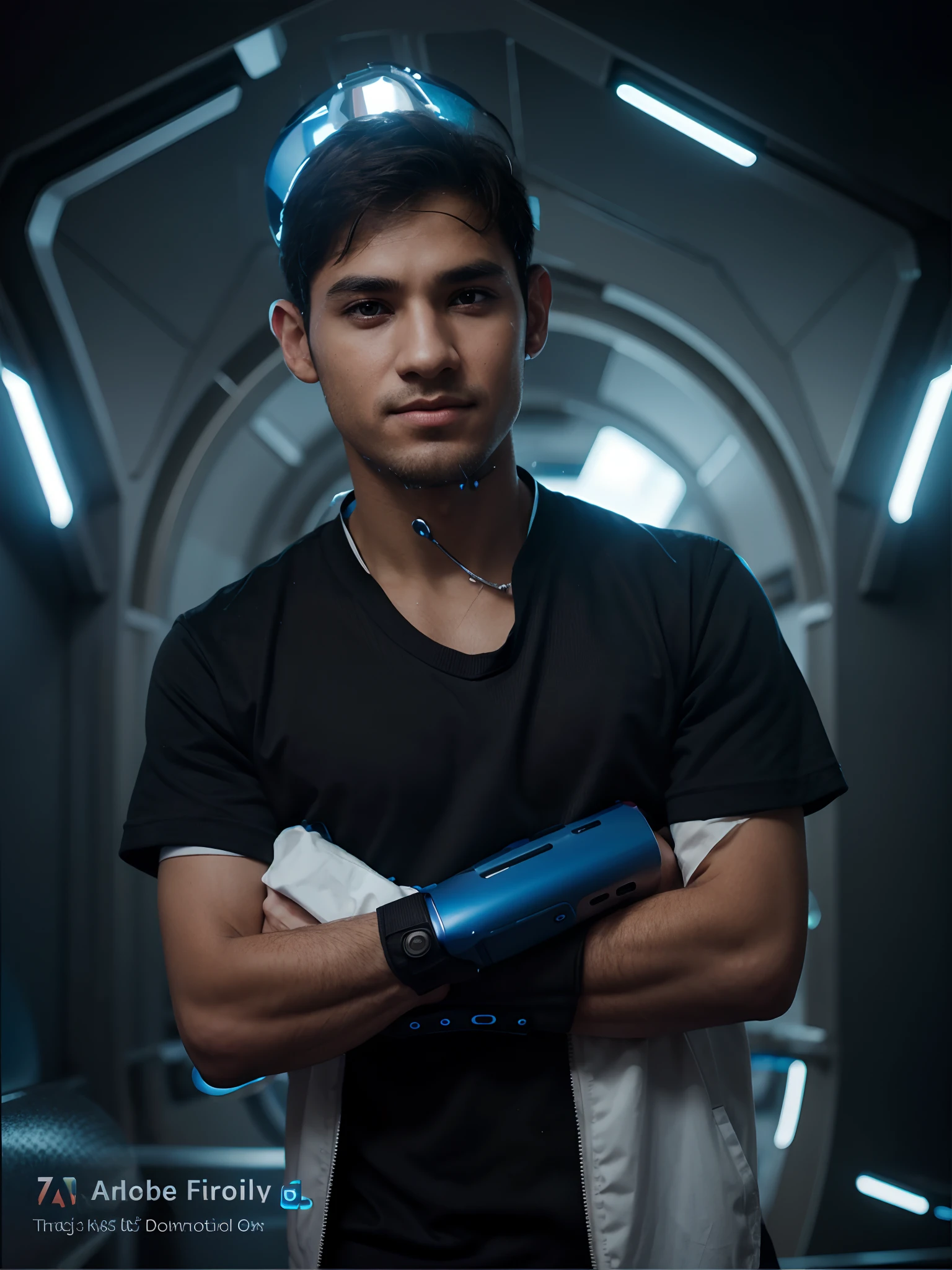 Young Alex male, all smiles to the camera, with a thumbs up, 8k realistic imagery, blue scenery like a movie scene, home setting, inspired by blade runner movie scene, blue tone,