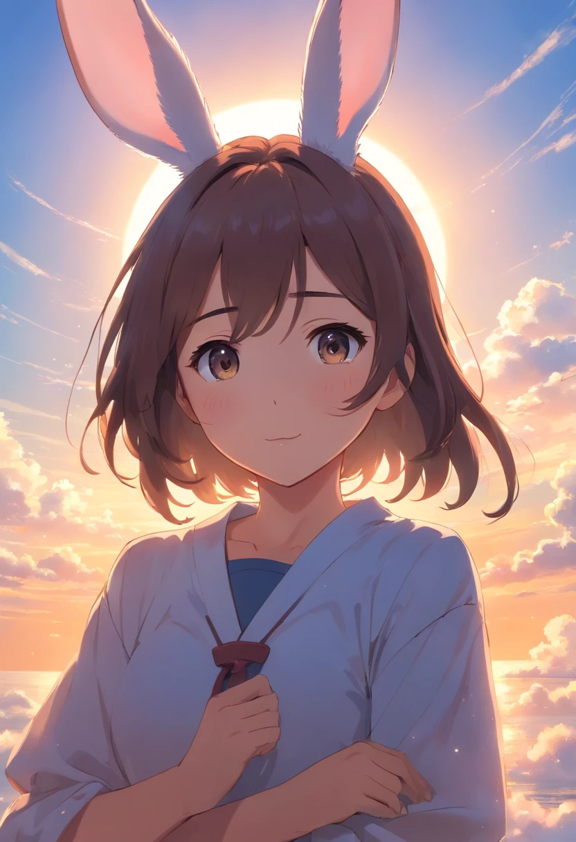 Rabbit ears、girl with、masterpiece、top-quality、Movie stills、1girl、Cloud Girl、floating in sky、a closeup、发光、happiness、Warm soft lighting、the setting sun、(Spark:0.7)