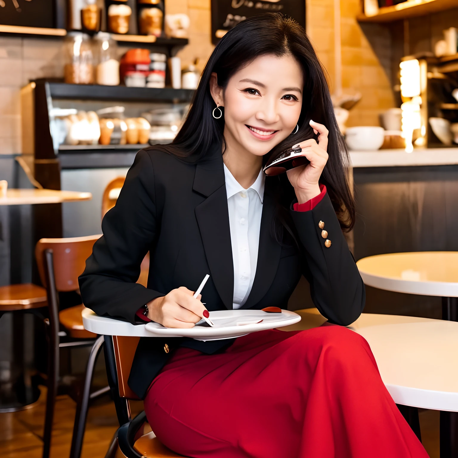 A 46-year-old woman with long black hair, Indonesian Mature woman, red eyes, confident and positive expression, black blazer, white shirt, (black hip skirt: 1.1), (coffee in a café: 1.2), sitting on a chair, dynamic angle