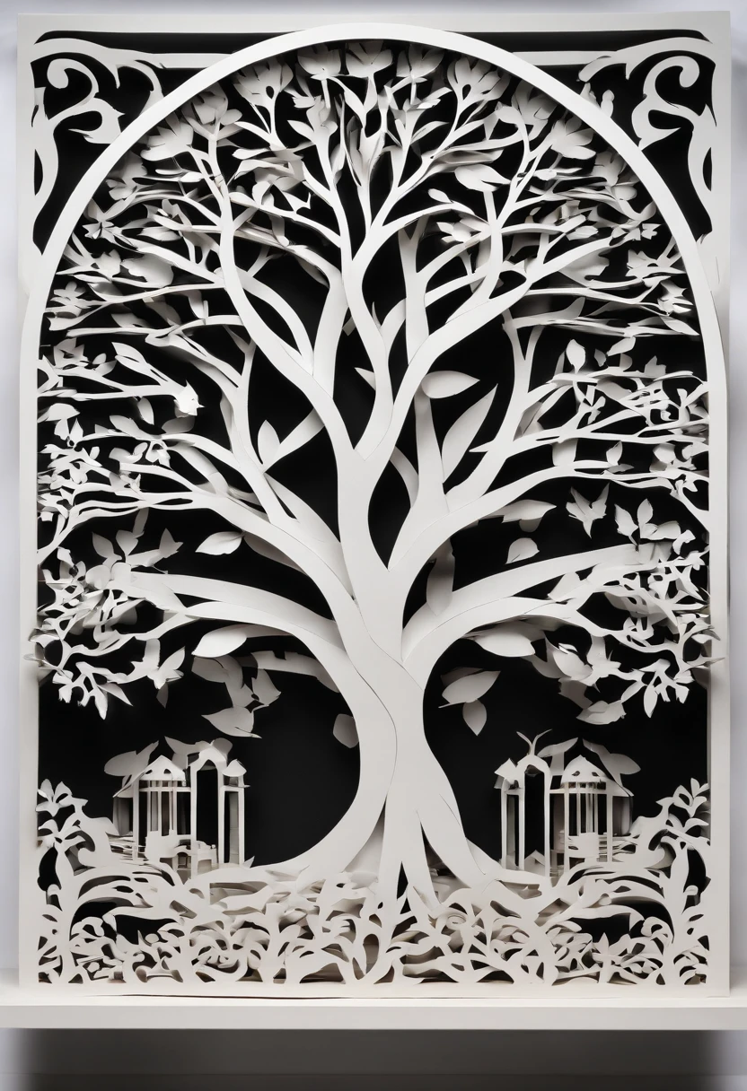 Black and white silhouette image of a tree with thick branches and no leaves