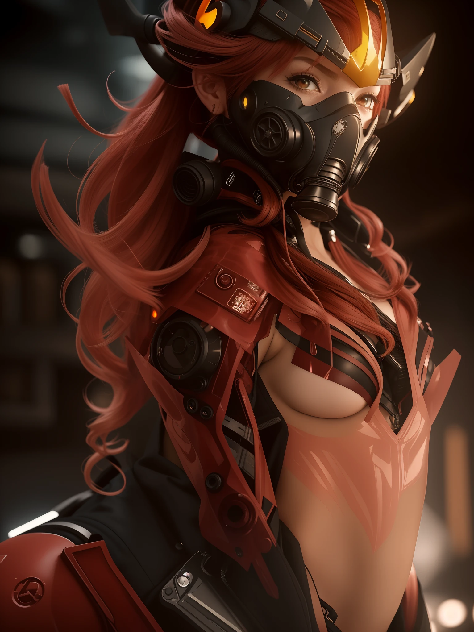 There's a woman in a mask with her mouth exposed , Artgerm extremamente detalhado, fanart melhor artstation, Wlop e Krenz Cushart, arte de anime digital detalhada, Krenzcushart, WLOP | Artgerm, deviantart artstation cgscosiety, Advanced digital anime art, 2. 5 d cgi anime fantasia arte |, very smoky cyberpunk paris bar, She wears a gas mask, wearing a bone gas mask, the robot wearing her human mask, wearing all black mempo mask, Cyberpunk vestindo, roupa cyberpunk, she wear red eyed gasmask, vestindo jaqueta cyberpunk 2 0 7 7, Fotografia de uma mulher techwear, ela tem cabelos vermelhos e cacheados, Your hair is very curly, Hair color is red, cabelo cor forte. 1 girl, jovem rosto, misterioso, capacete, unicorn horn, olhos brilhantes, Expression of extreme details, metal brilhante, Dynamic angle, luz detalhada, Dramatic_sombra, raio_rastreamento, reflection,..RAW, Cinematic Shot, (foco nítido:1.5), (fotorrealista:1.2), twilight lighting, Volumetric lighting, ultra high-resolution, 16k,dramatic lighting