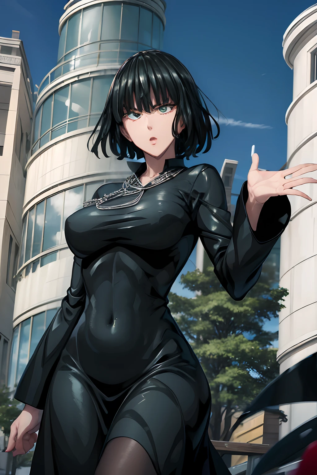 Fubuki, monja malvada, cuerno de demonio, Alas de demonio en la cabeza , Vestido de monja sexy, Your hands preparing a sphere of energy, Su poderosa magia golpea los edificios de una ciudad , Context of the Satanic Church, ojos detallados