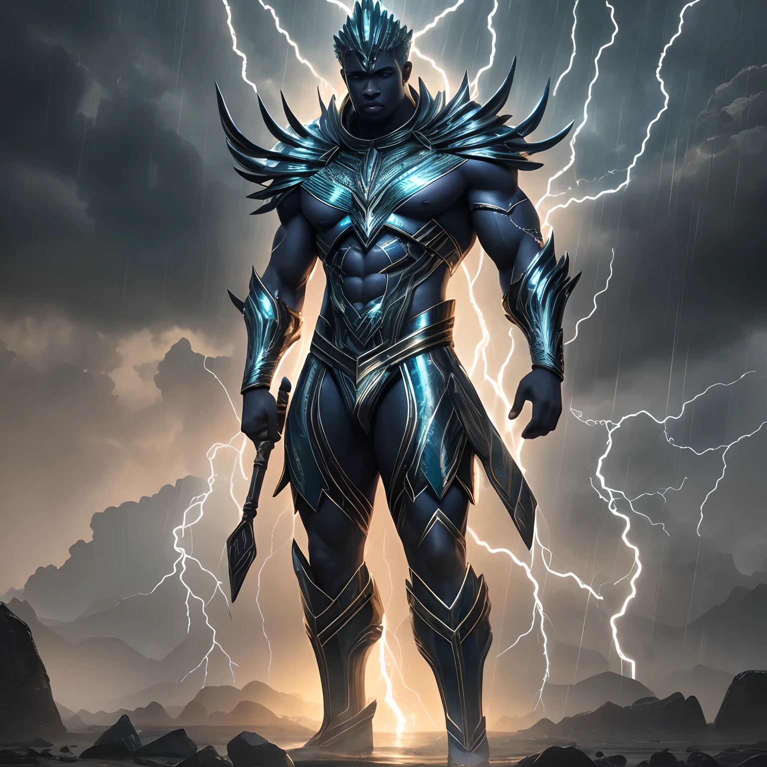 full body shot of African god of rain, floating in the dark clouds with lightning all over his body, rain drops suspended in air surrounding him, moody light shining,  with iridescent light, cinematic lighting, artgerm style, 32k, ultra HD, unreal engine rendered, hyper-realistic image, --auto --s2