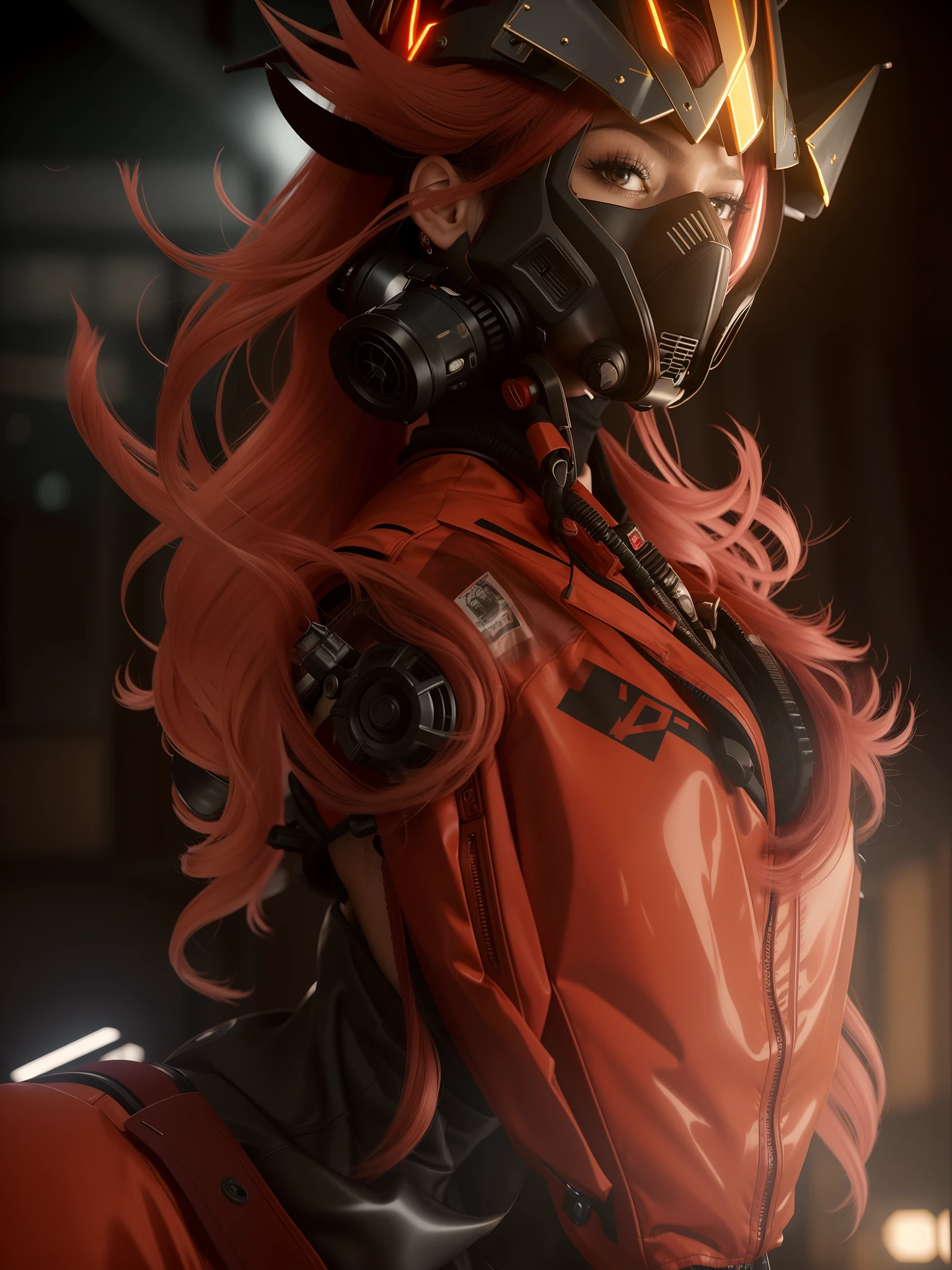 There's a woman in a mask with her mouth exposed , Artgerm extremamente detalhado, fanart melhor artstation, Wlop e Krenz Cushart, arte de anime digital detalhada, Krenzcushart, WLOP | Artgerm, deviantart artstation cgscosiety, Advanced digital anime art, 2. 5 d cgi anime fantasia arte |, very smoky cyberpunk paris bar, She wears a gas mask, wearing a bone gas mask, the robot wearing her human mask, wearing all black mempo mask, Cyberpunk vestindo, roupa cyberpunk, she wear red eyed gasmask, vestindo jaqueta cyberpunk 2 0 7 7, Fotografia de uma mulher techwear, ela tem cabelos vermelhos e cacheados, Your hair is very curly, Hair color is red, cabelo cor forte. 1 girl, jovem rosto, misterioso, capacete, unicorn horn, olhos brilhantes, Expression of extreme details, metal brilhante, Dynamic angle, luz detalhada, Dramatic_sombra, raio_rastreamento, reflection,..RAW, Cinematic Shot, (foco nítido:1.5), (fotorrealista:1.2), twilight lighting, Volumetric lighting, ultra high-resolution, 16k,dramatic lighting