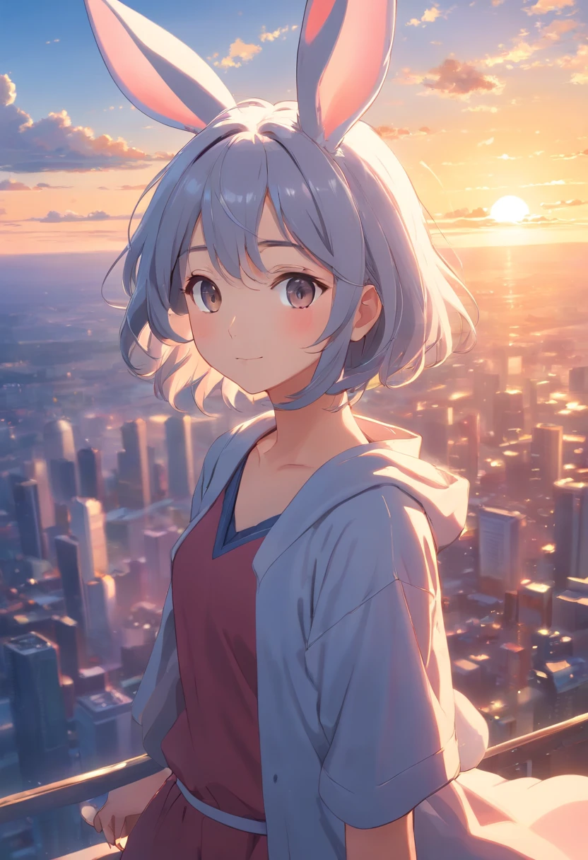 Rabbit ears、girl with、Gray hair color、masterpiece、top-quality、Movie stills、1girl、Cloud Girl、floating in sky、a closeup、发光、happiness、Warm soft lighting、the setting sun、(Spark:0.7)