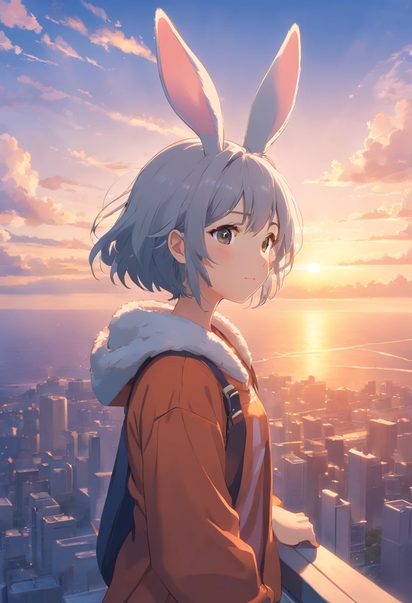Rabbit ears、girl with、Gray hair color、masterpiece、top-quality、Movie stills、1girl、Cloud Girl、floating in sky、a closeup、发光、happiness、Warm soft lighting、the setting sun、(Spark:0.7)