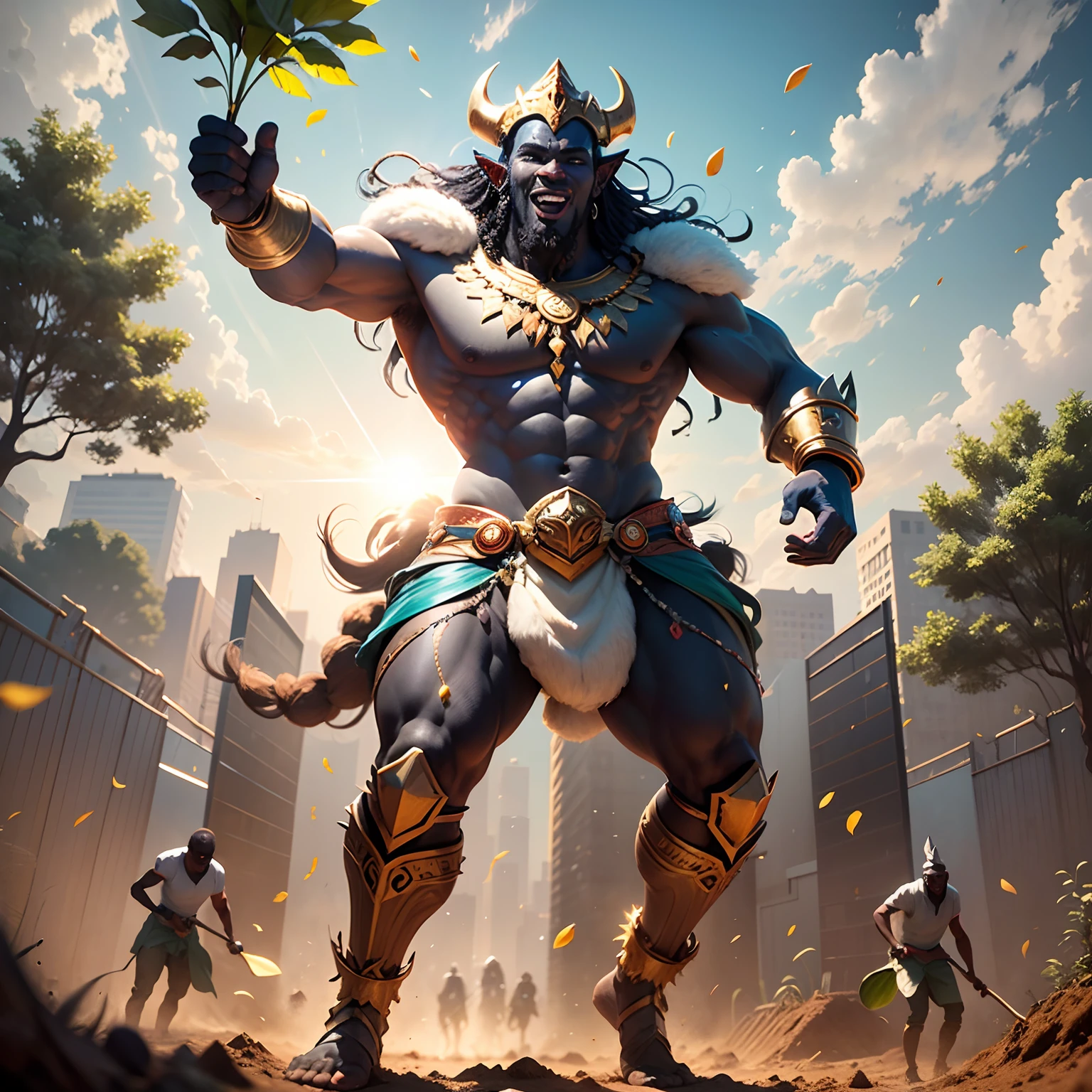 full body shot of A Giant happy African god of harvest throwing seeds onto a garden where africans are digging and planting, bright and vibrant sunlight shining, with iridescent light, cinematic lighting, artgerm style, 32k, ultra HD, unreal engine rendered, hyper-realistic image, --auto --s2