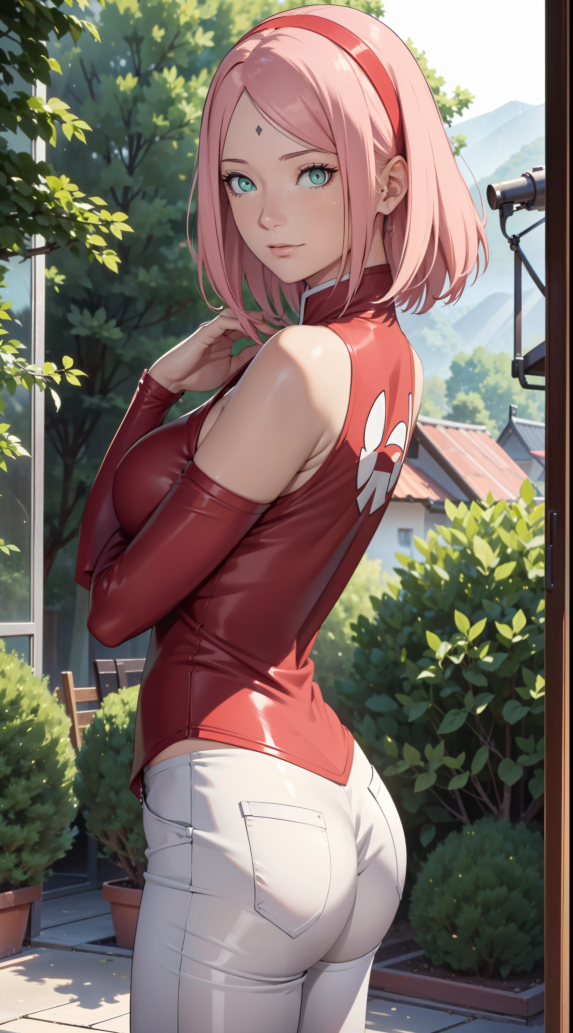 1girl, Sakura haruno, showing big ass, thick, half naked,forest background.