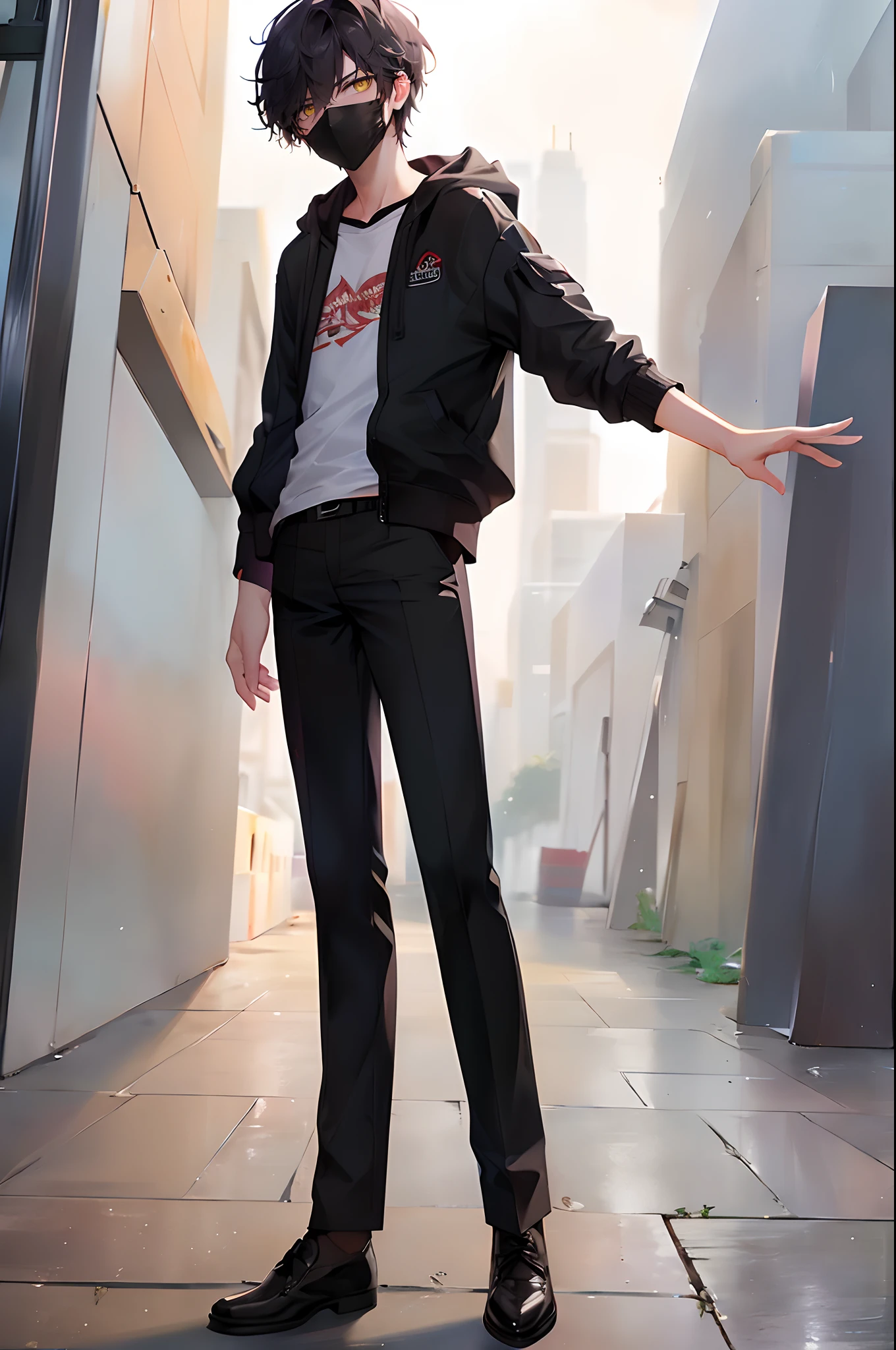 (4K works))、masterpiece、(top-quality)、In front of the wall、Korean Male、Adult male、((Adult 26 years old))、((Face similar to Hyun Jin))、Cool Men、tall、((Glaring expression))、((Sleepy face))、((Strong eyes))、((Wearing a white T-shirt and a black hooded jacket、Wearing long black pants))、((Wear a black mask))、((smaller face))、Slim body、((How to stand selling fights))、((Cheeky way of standing))、((hooligan))、((Black short-haired))、((Yellow eyes))、((shot from front))、((Looking down on the viewer))、((rearing))、Dull-looking pose、((Shot alone))、((Solo Photography))