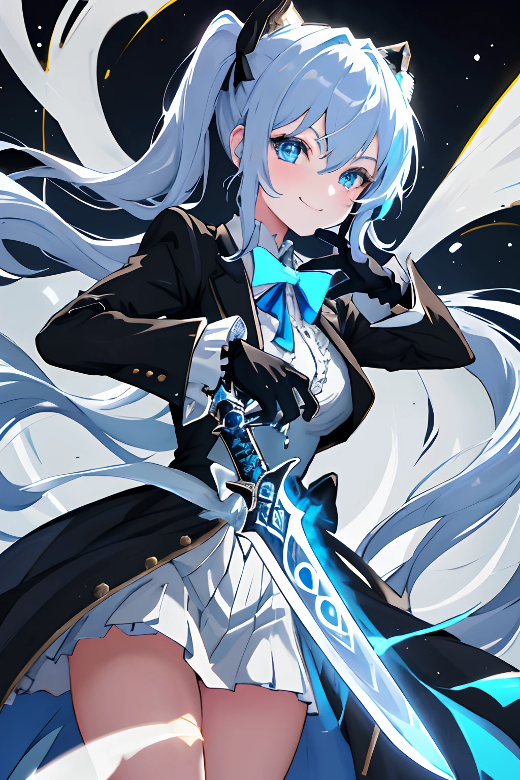 {{{finely detailed wallpaper best quality illustration}}} {{{Cool beautiful cute girl}}} {{{Face Focus}}} {Wearing a formal suit} {Face of the game} Glittering blue eyes {{{Dynamic poses with swords}}} Smile Flame {{{ Silver Hair Twin Tail Hair }}} {{particle lighting}} {Detailed Black Victorian Dress Gloves } Motion blur staring at the viewer, {{{{{Hand holding shining mechanical sword, Holding a shining mechanical sword in his hand}}}}}、a closeup:1.4