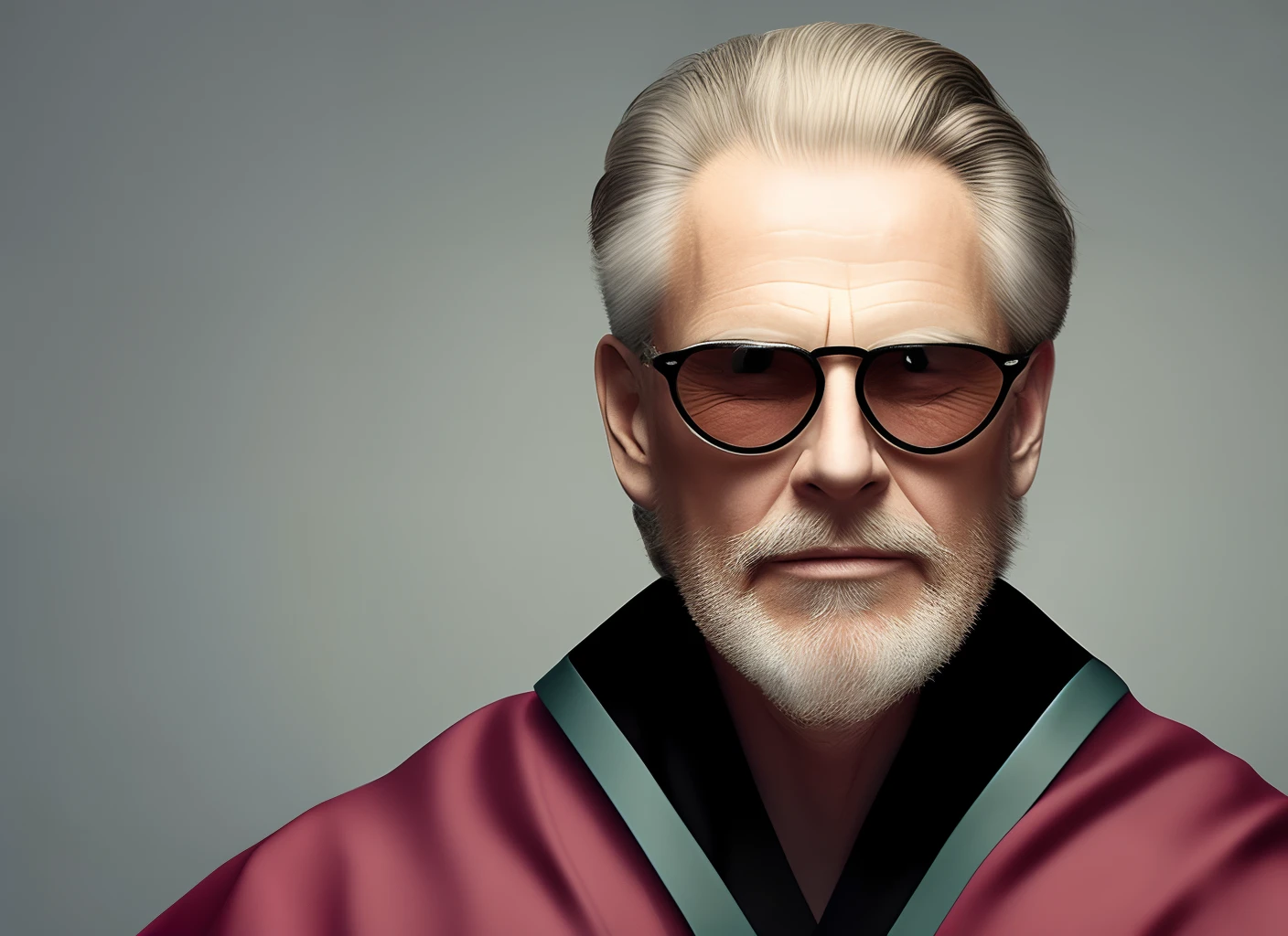 A blonde haired man with his hair combed down, he has a beard to match and black circular glasses over his eyes. He wears a set of red and gray robes.