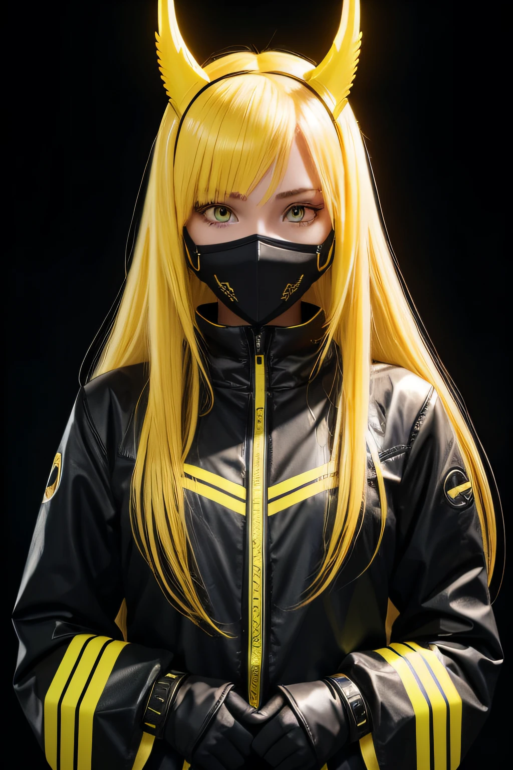 girl with long yellow hair, yellow eyes, futuristic vibes, mask on mouth, headphones, 8k, high quality, simple background, glowing eyes, nice pose