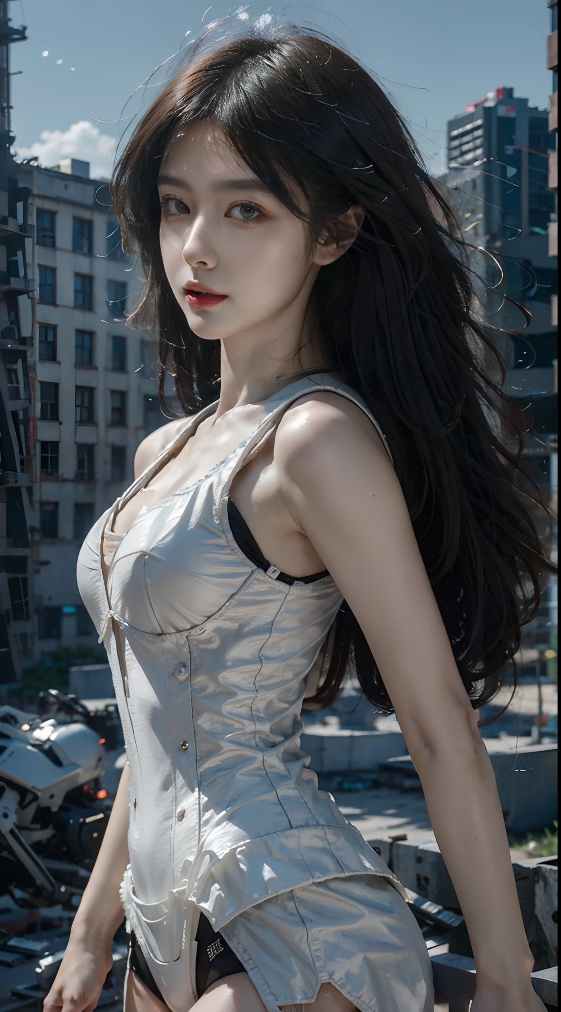 tmasterpiece, 1 beutiful girl, Detailed eyes, Swollen eyes, Best quality at best, 超A high resolution, (Realistis: 1.4), RAW photogr, cinmatic lighting, ssmile, jpn, a asian beauty, Korea, Ren, Super beautiful, Small young face, Beautiful skins, busty figure, cyber punk perssonage(hyper realisitc), (illustratio), (A high resolution), (8K), (The is very detailed), (Most Best Illustration), (ultra-detailliert), (the wallpaper), (详细的脸), audience looking, finely detailled, deep shading, low tune, pureerosfaceace_V1, happy grin, long whitr hair, hair straight, 46-point diagonal bangs,(Pregnant abdomen:0.85),Detail Clothing,cropped shoulders,short skirt,Tattoo in the shape of the uterus