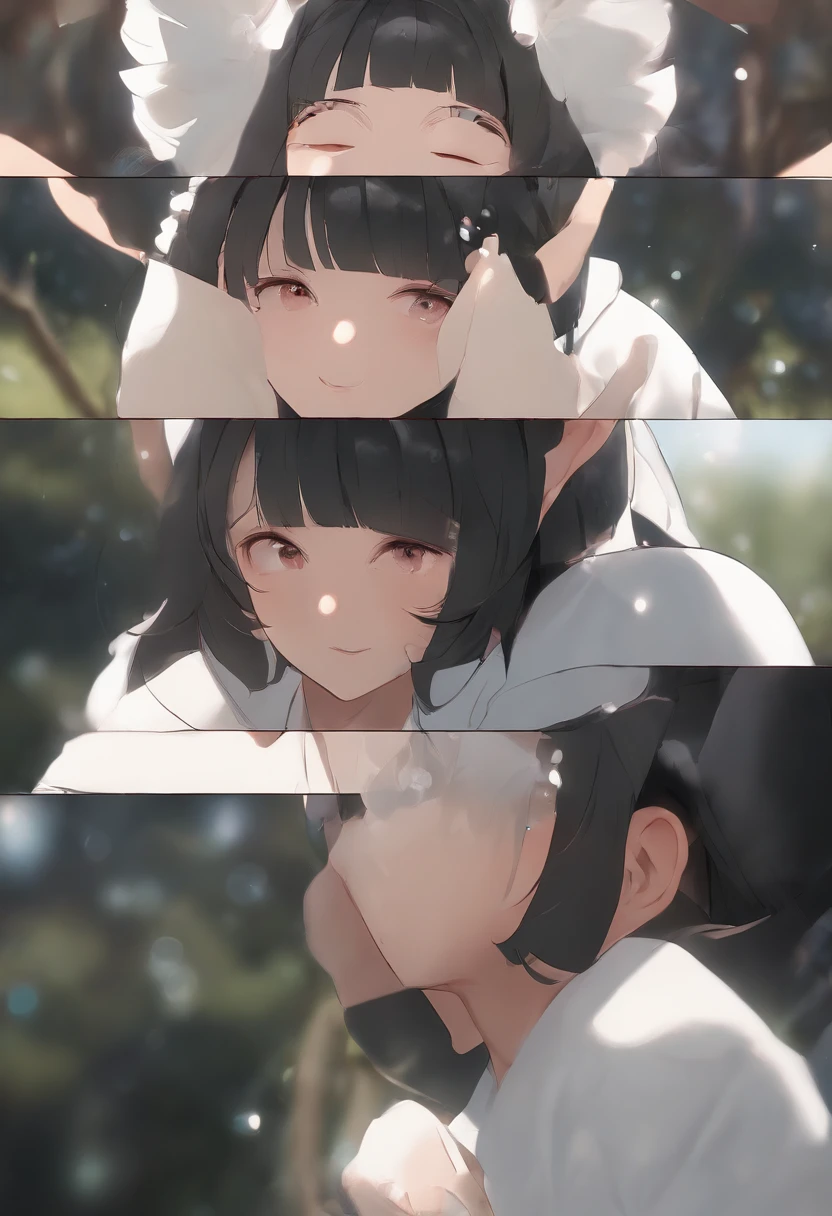 black hair, hair bobbles, wince, longeyelashes, solid circle eyes, fake animal ears, light smile, ear blush, fang, Surrealism, drop shadow, anaglyph, stereogram, tachi-e, pov, atmospheric perspective, 8k, super detail, ccurate, best quality