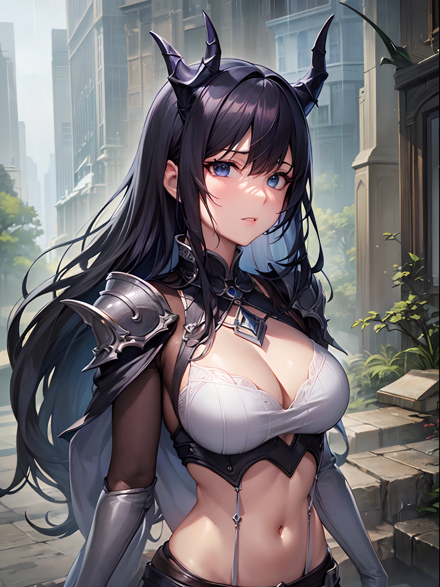 ((Finest quality)),(超A high resolution),(ultra-detailliert),((Best Anime)),sharpnes,Clair,Fantasy art with astounding depictions, In heavy rain:1.5, (1womanl),(Long jet-black hair),Dragon horns:1.2,
