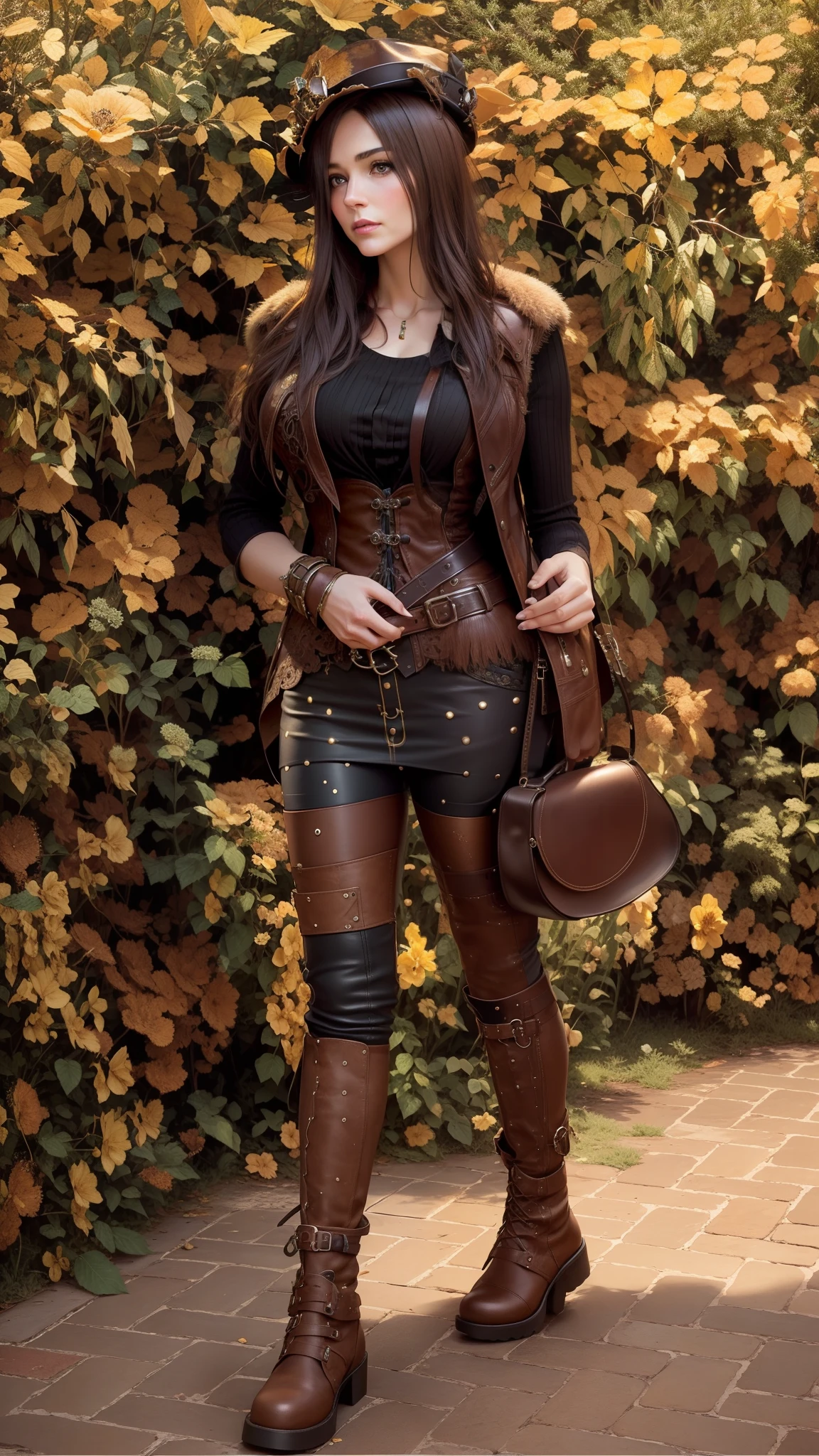 (Intricate Details), 27 years old, Mature beauty,Perfect face, Makeup:1.5, Bright face, Facial details, Medium cut hair,Brown hair,Steampunk,Blouse,Leather vest,Leather pants,Long boots,Top hat,Antique Goggles,Um Home Addressive, Conceptual Art, Realism, Godley, Film Lighting, Multiview, Canon, UHD, High Detail, High Quality, HD, 16k,Centered,Full Body Portrait,Hat Top to Toe