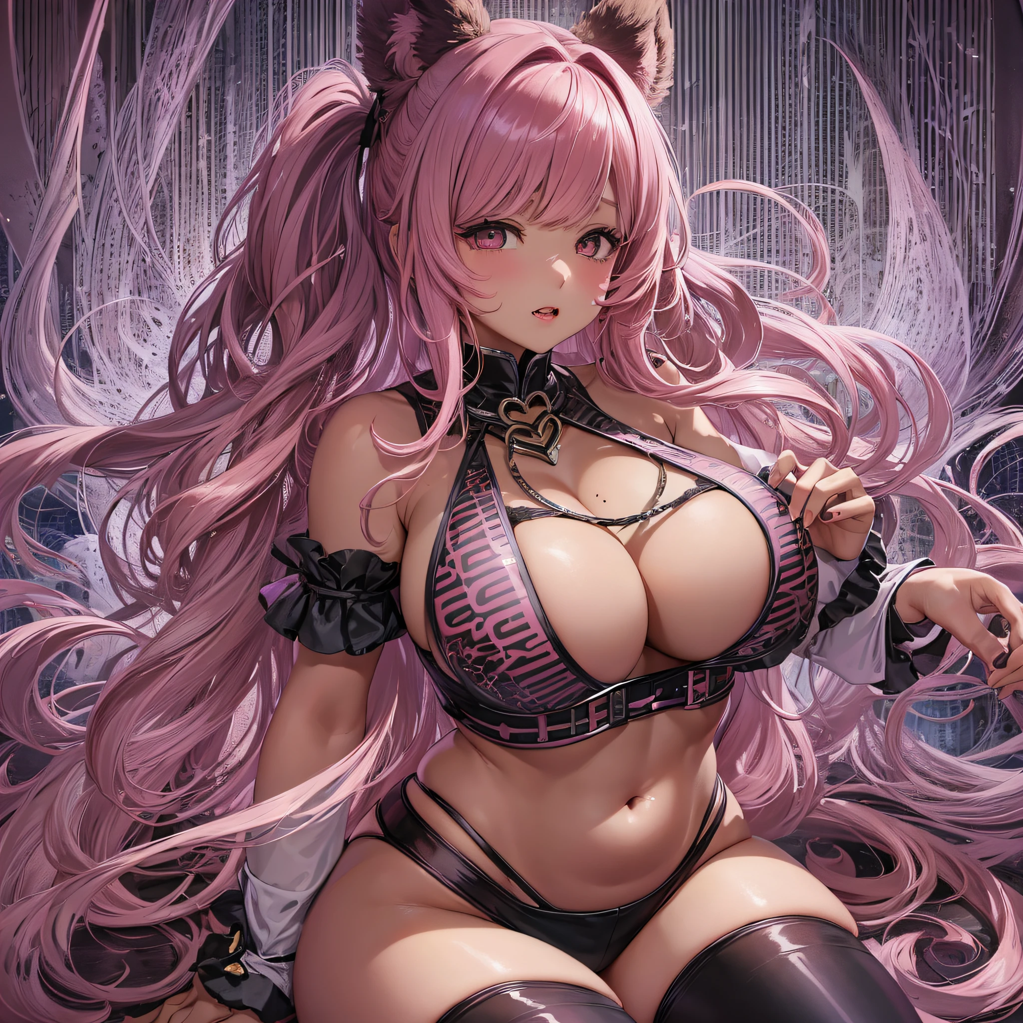 1 girl, big, pink hair, long hair, curly hair, ahoge, blunt bangs, hime cut, side ponytail, dark skin, heart-shaped brown eyes, retina, half-closed eyes, fangs, bear ears, huge breasts, cleavage, thick thighs, mole, wide hips, thighhighs, short shorts, lace,
