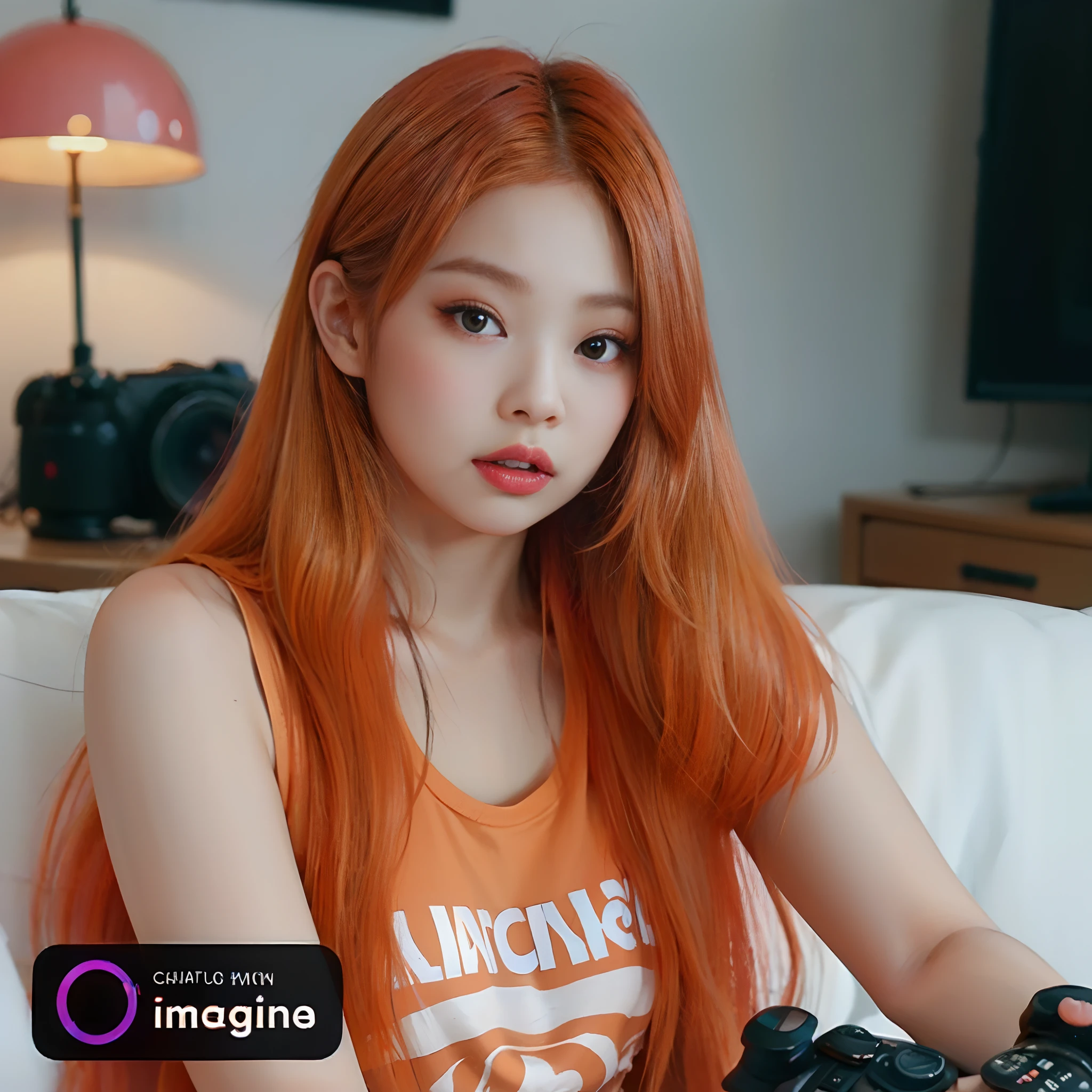 Hay una mujer de pelo largo y pelirrojo que sostiene un mando a distancia, Modelo IG | Artgerm, Ella tiene el pelo largo redorange, cabello naranja brillante, Cabello infrarrojo, cabello naranja, Pelo largo de color naranja, En el estilo Artgerm, she has long orange brown hair, Capturado con Canon EOS R 6, IG Studios estilo anime, ulzzang, cabello naranja que fluye