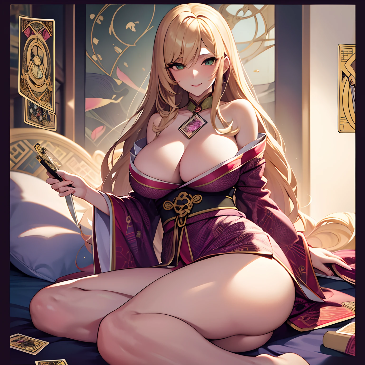 "MASTERPIECE" single mature female, long curly blonde hair, green eyes, large chest, patterned kimono, lying on bed, seductive smile, blushing, (SOLO), bare legs, cleavage, boobs, shiny silk kimono, pattern kimono, purple and pink kimono flower in hair, full lips, (shiny), (((1knife))), (((tarot cards))), detailed eyes, detailed lips, detailed face, curvy