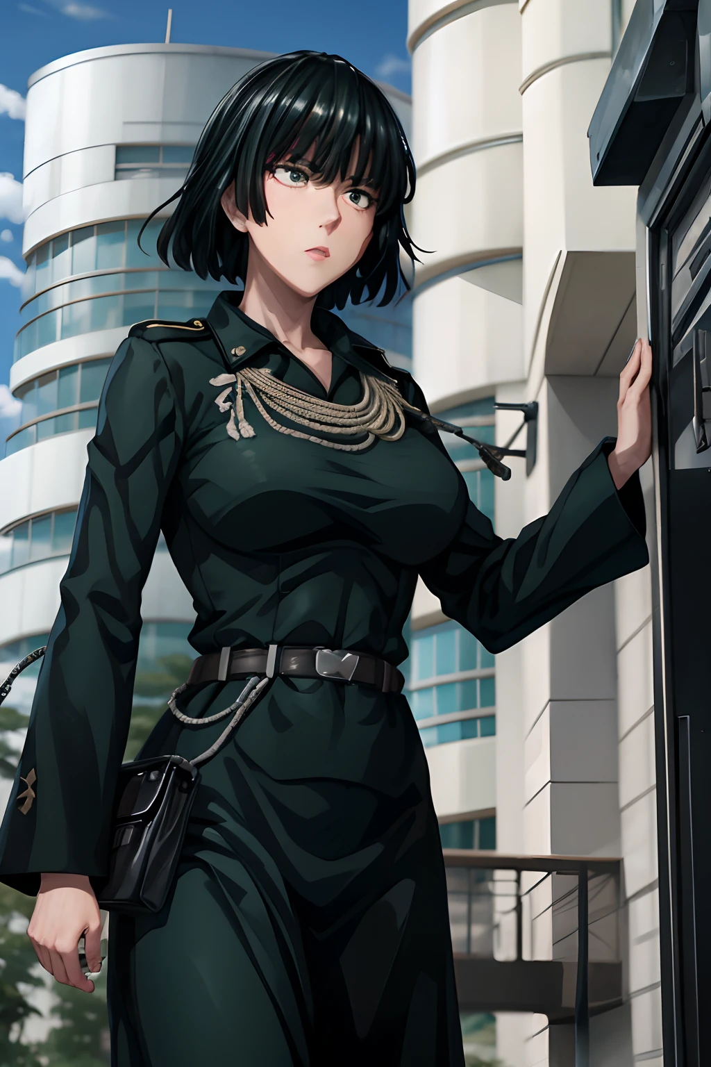 Fubuki, Una mujer vestida con una Wehrmacht negra_Traje sosteniendo una espada, Medalla en el hombro izquierdo, Wehrmacht_tiene, Guante Blanco, Llevar aparejos_machine, Torretas_equipado en el aparejo_machine)