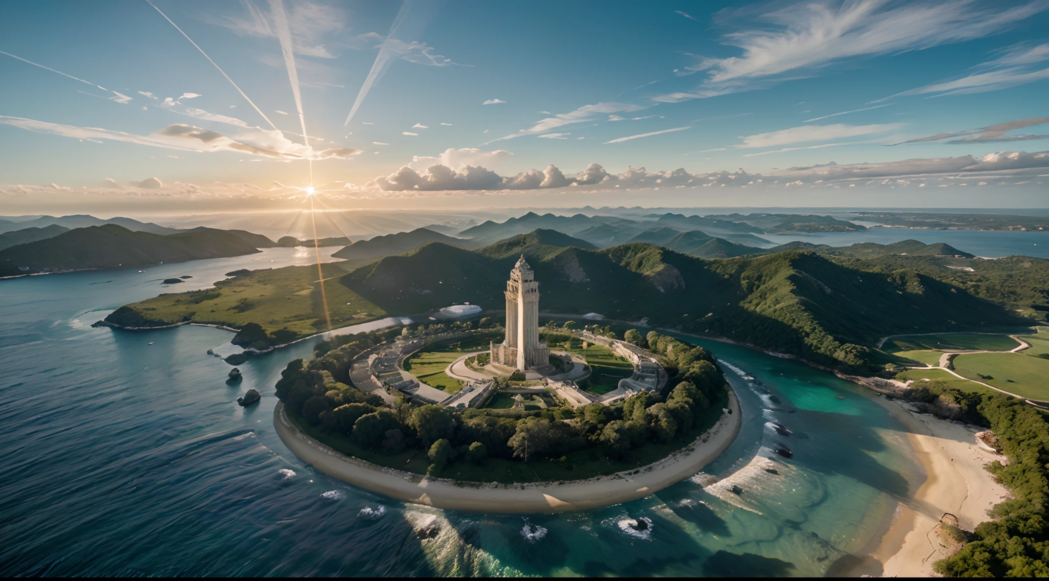 Aerial view of a fantastic world, with an emerald tower in the center of the scenery, crystal clear waters, luz de por do sol, photographic light, foto ultra realista, Cinematic photo