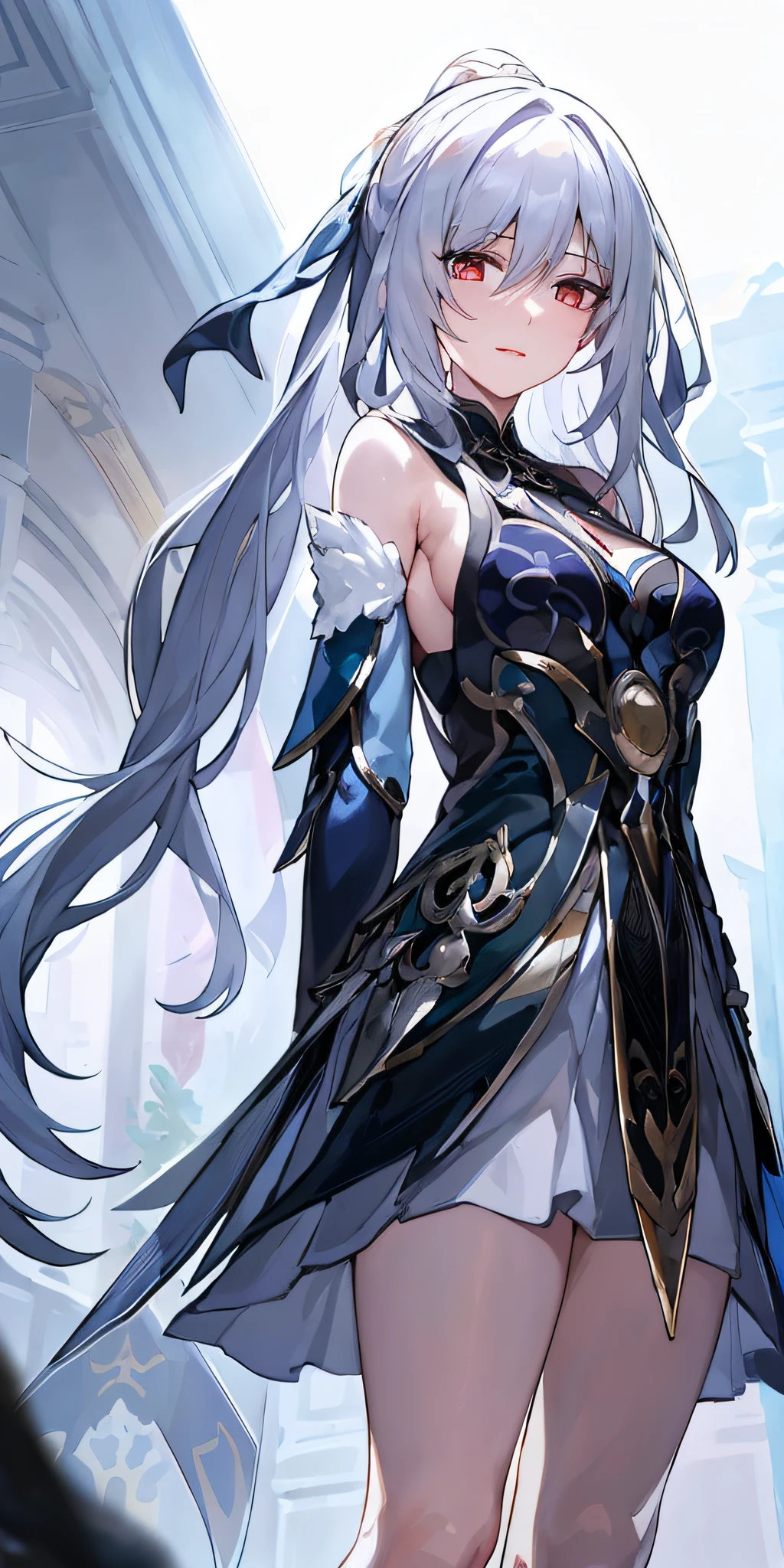 1 woman, mature, High (1.85 cm), looks about 35 years old, have long black hair, straight and shiny, charming fox eyes, majestic black eyes, extremely detailed eyes, perfect eyes, extremely realistic eyes, balanced eyes, long eyelashes, anime style, perfect face, milf face, full red lips, mature, smooth white skin, natural body, sexy body, milf body, perfect hands, detailed hands, arms in proportion to the body, real hands, arm with good anatomy, She was only wearing a loose yellow robe that covered her entire body in a Chinese style decorated with gold and silver with phoenix motifs woven into the robe but still could not hide her extremely large and gigantic breasts. (cup L), very big breasts, stimulate breasts three times larger than her face, Her breasts did not sag as their size remained erect on her body., Leggy, thick thighs, wide hips, wear black socks, full body drawing, have full arms and legs, look at the viewer, The background is a Chinese-style pavilion., pose alone, look at the viewer.