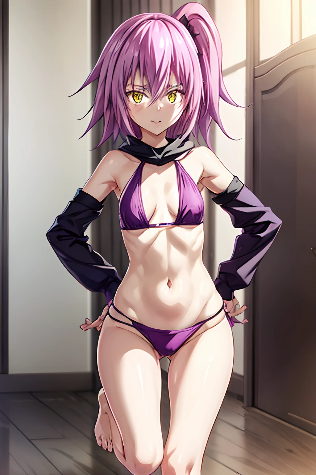 1  de um anime com cabelo roxo, no quarto, 1girl, soio, ((sadistic)), olhos amarelos, Purpose, cabelo rosa, olhando para mim, ((censura)), ((Lastly)), wearing a short bikini , Rabo de cavalo do lado direito, (((pernas tonificadas))), coxas musculosas espessas, cintura fina, barriga musculosa, Hands on hips, barefoot, 8k, ultra realistic